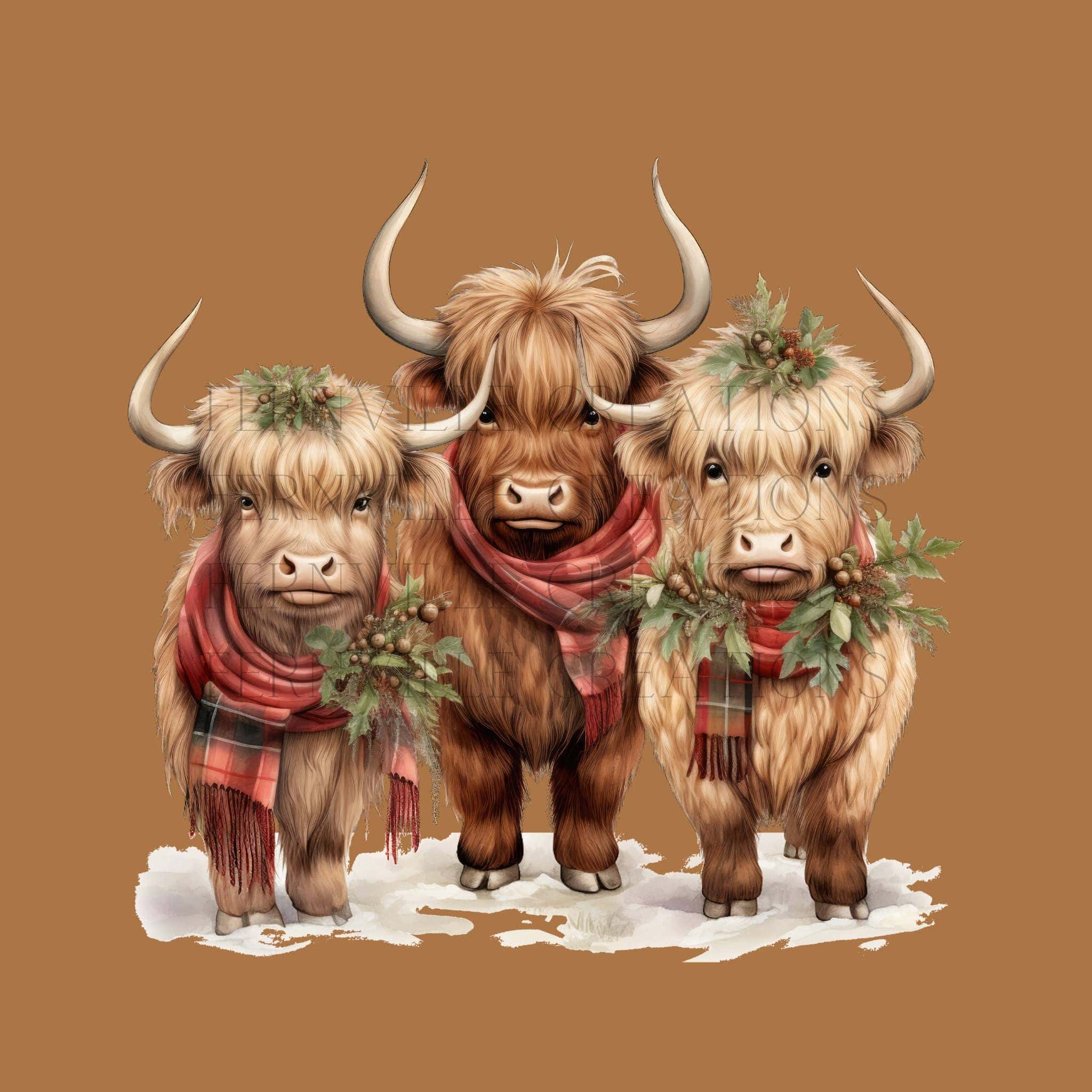 Highland Cow Trio Holiday Waffle Knit Ranch Farmhouse Kitchen Towel、mySite、g9winljtr