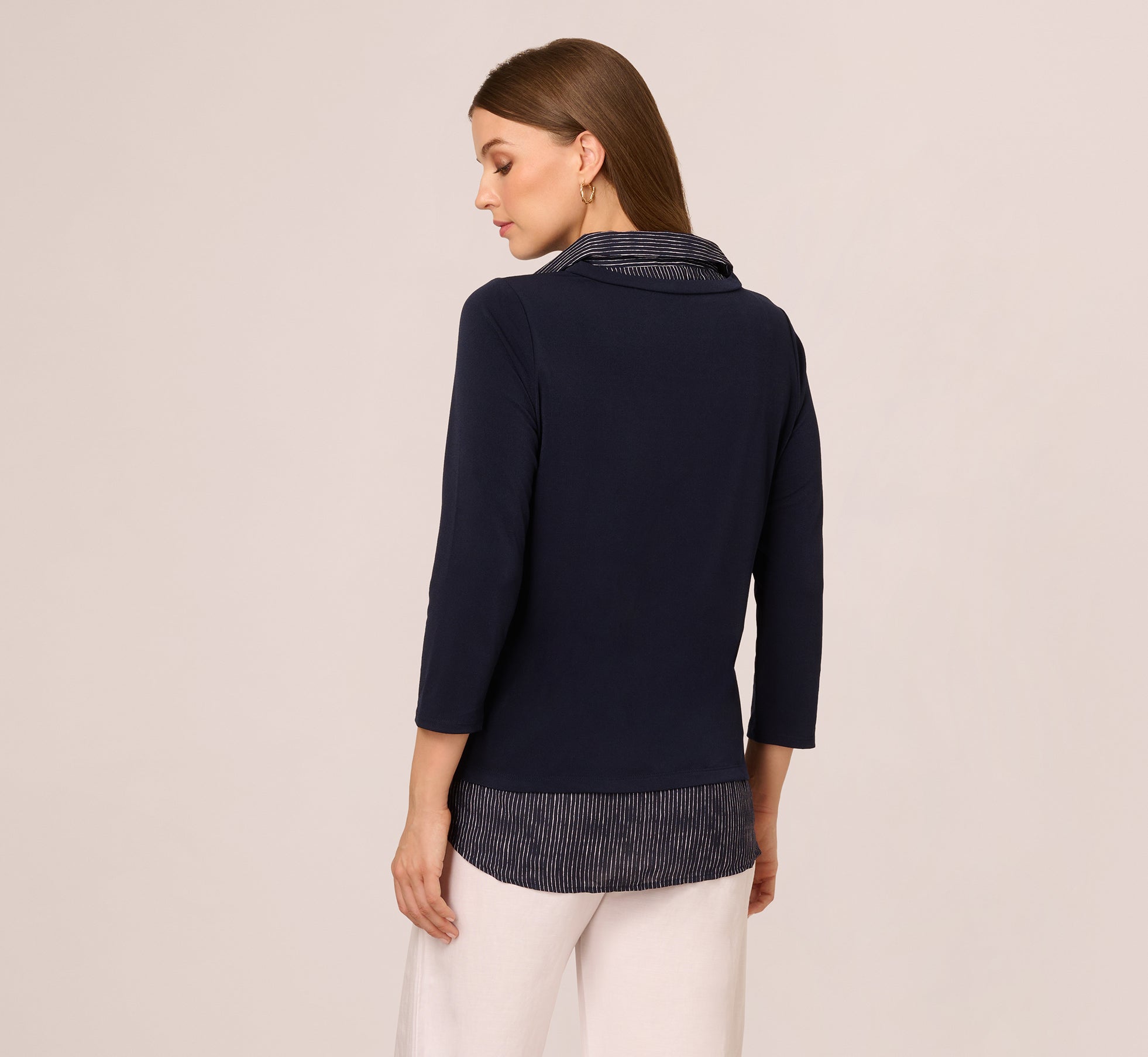 Three Quarter Sleeve Sweater With Button Down Accents In Navyw Navy Ivory Sketch Stripe、mySite、solidvoid