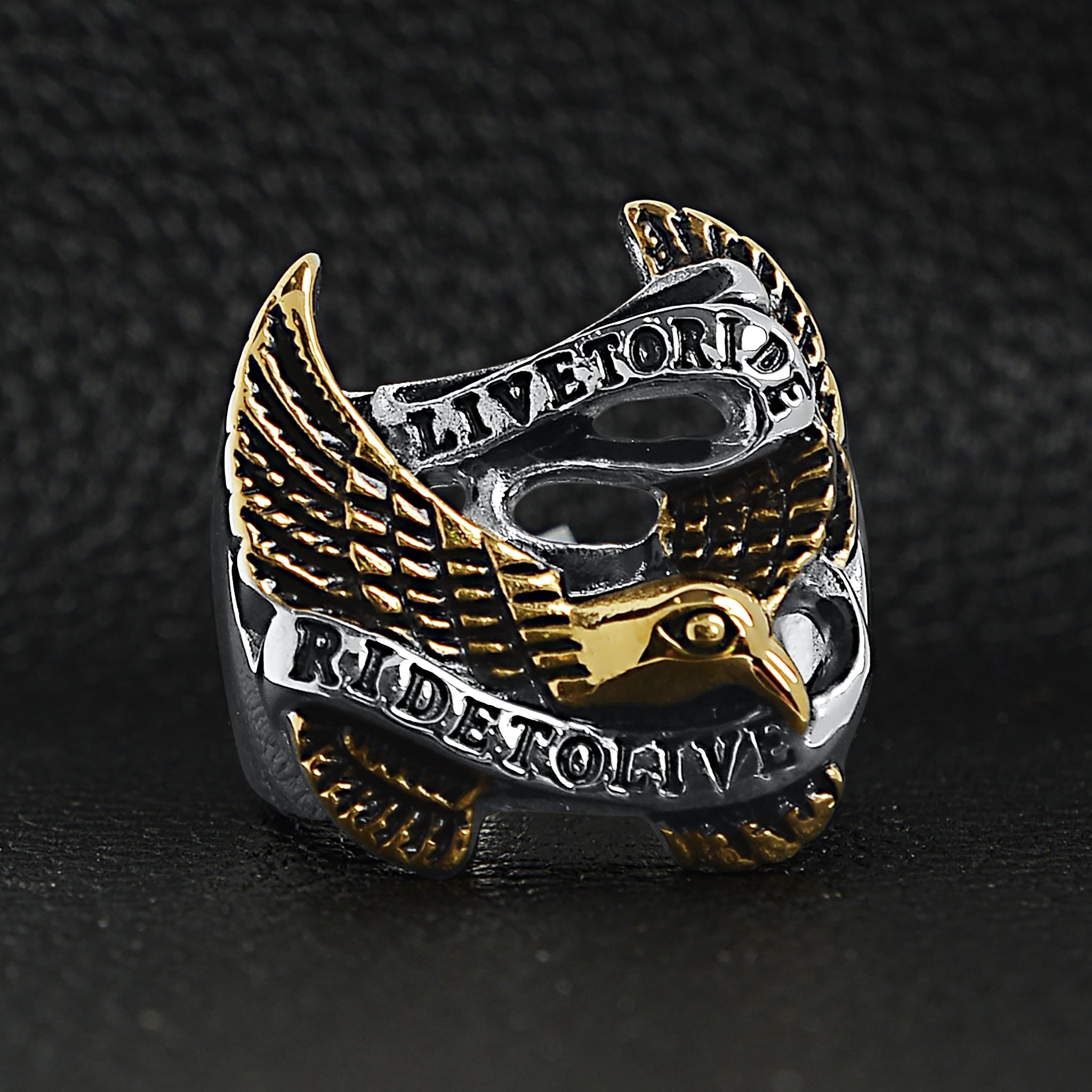 Stainless Steel 18K Gold PVD Coated Live To Ride Ride To Live Eagle Biker Ring / SCR3086、mySite、dreamappss
