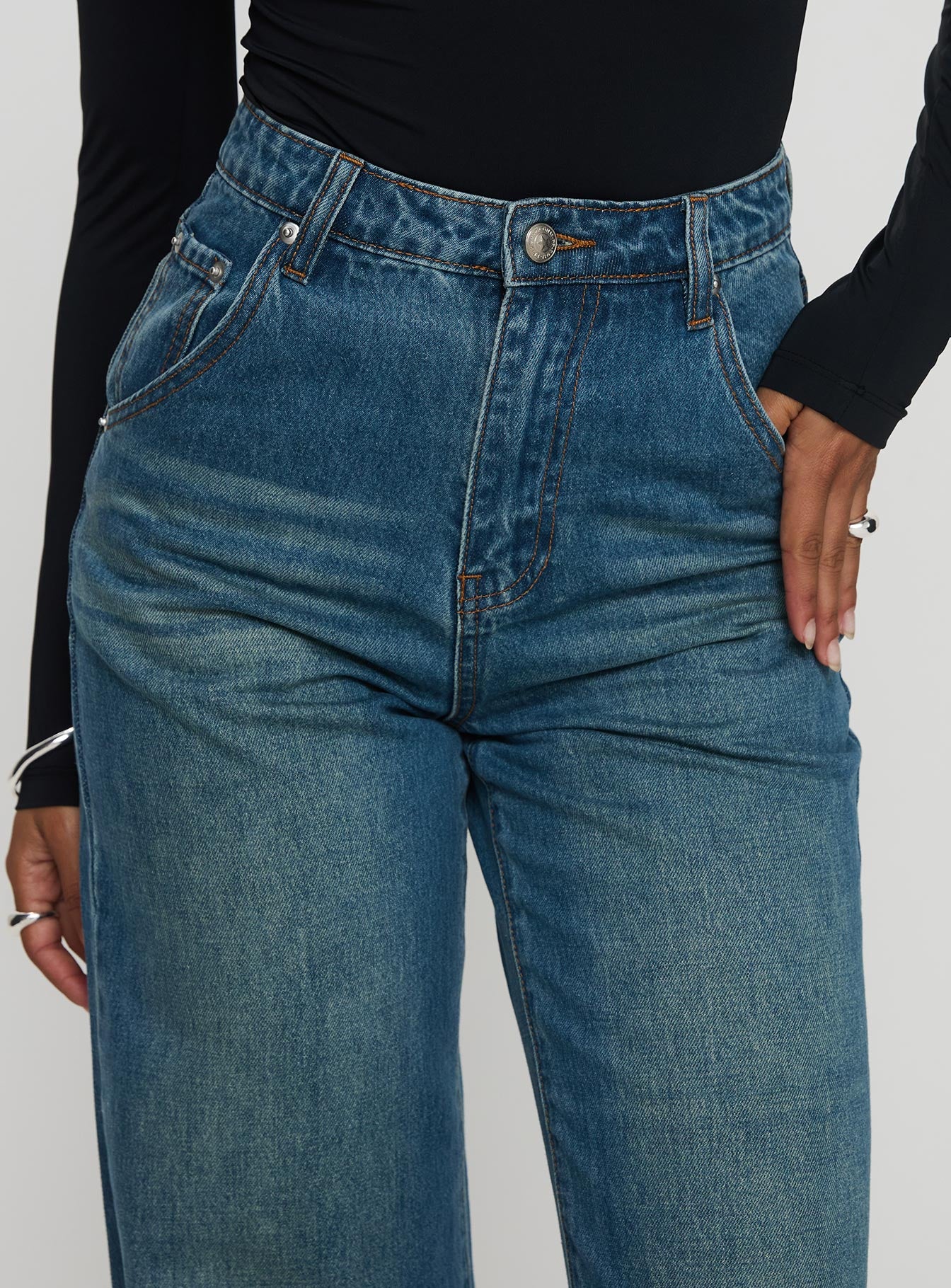 Hustler High Rise Straight Leg Denim Jean Washed Blue、mySite、solidvoid