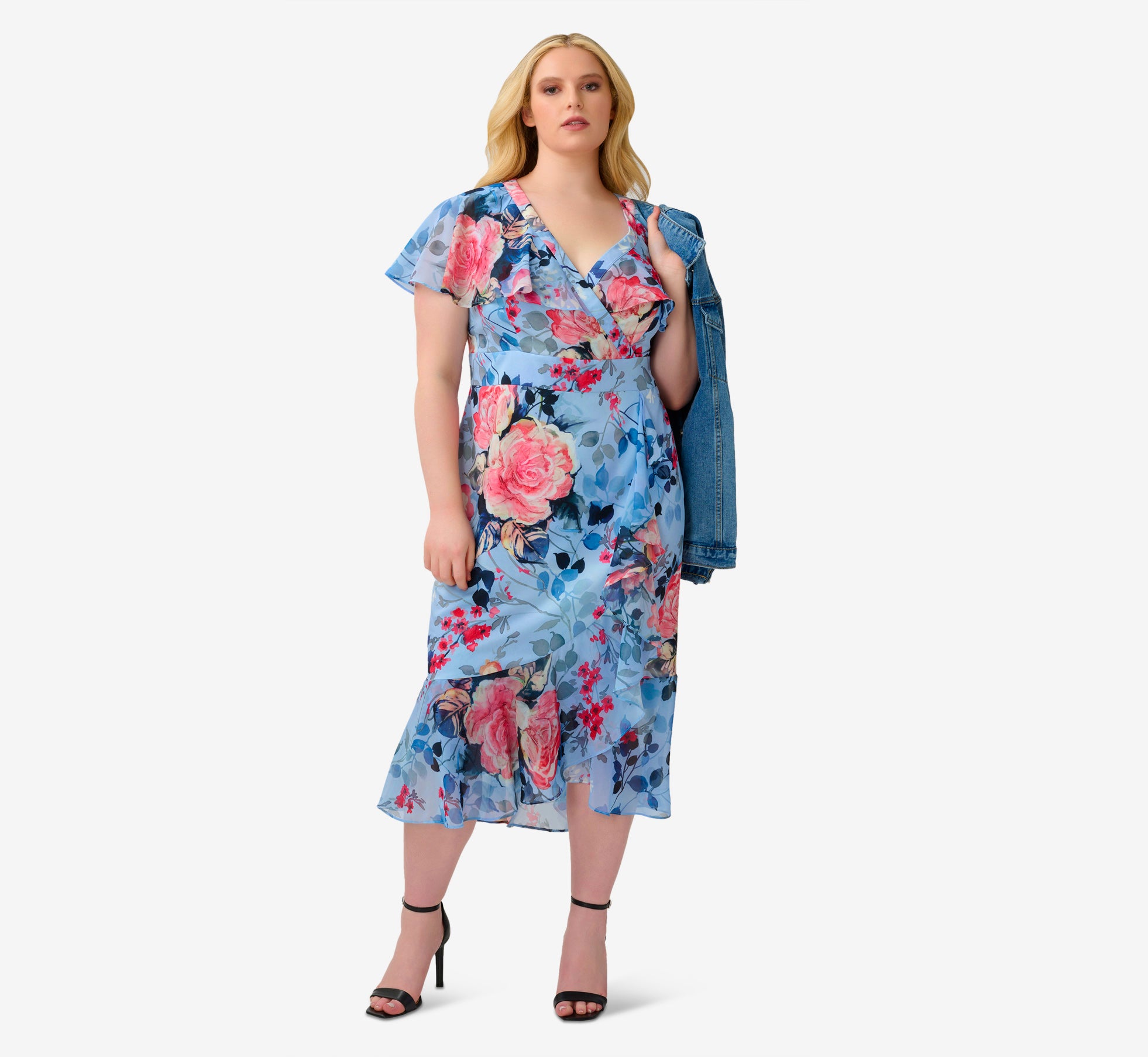 Plus Size Floral Faux Wrap Dress In Blue Multi、mySite、solidvoid