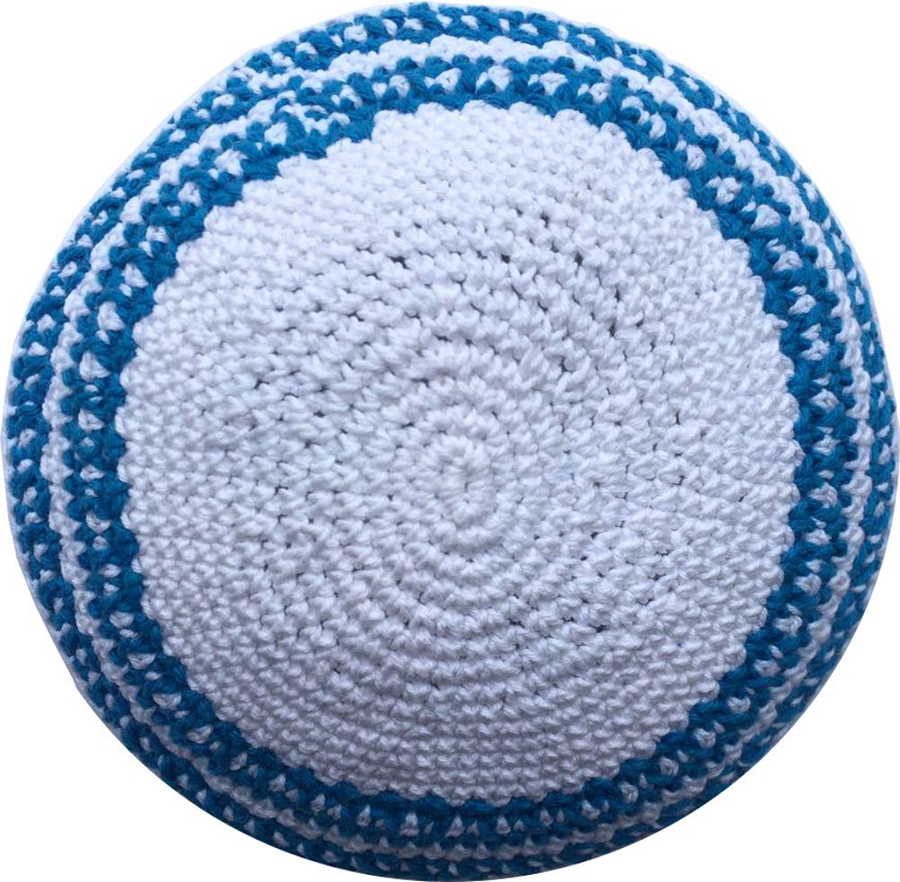  Holy Land Market White/Sky Blue Lines 17cm DMC 100% Knitted Cotton Kippah Torah Chabad Yarmulke、mySite、elrpsem3k