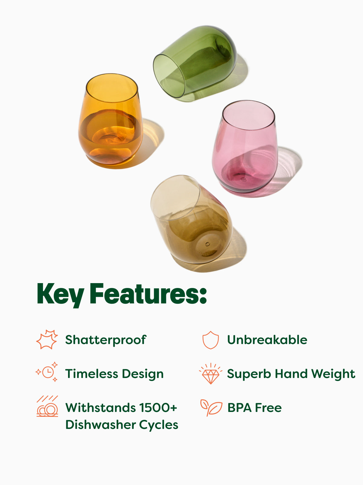 RESERVE 16oz Stemless Wine Color Series Tritan Copolyester Glass Mixed Set - Bulk、mySite、camillekostekn