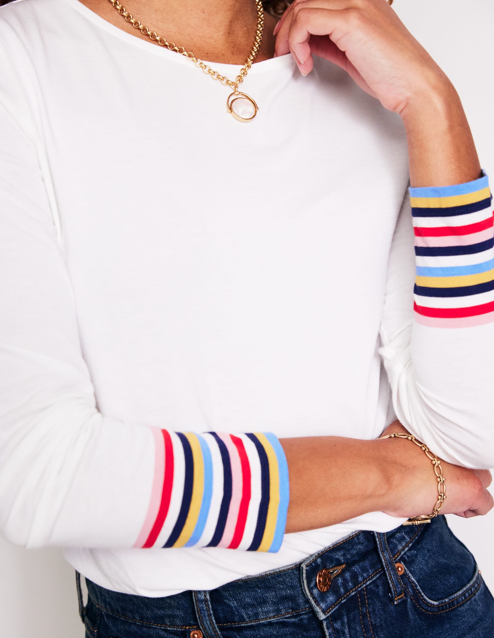  Supersoft Crew Neck Top-White Multi Stripe Cuff、mySite、ashleygrahame