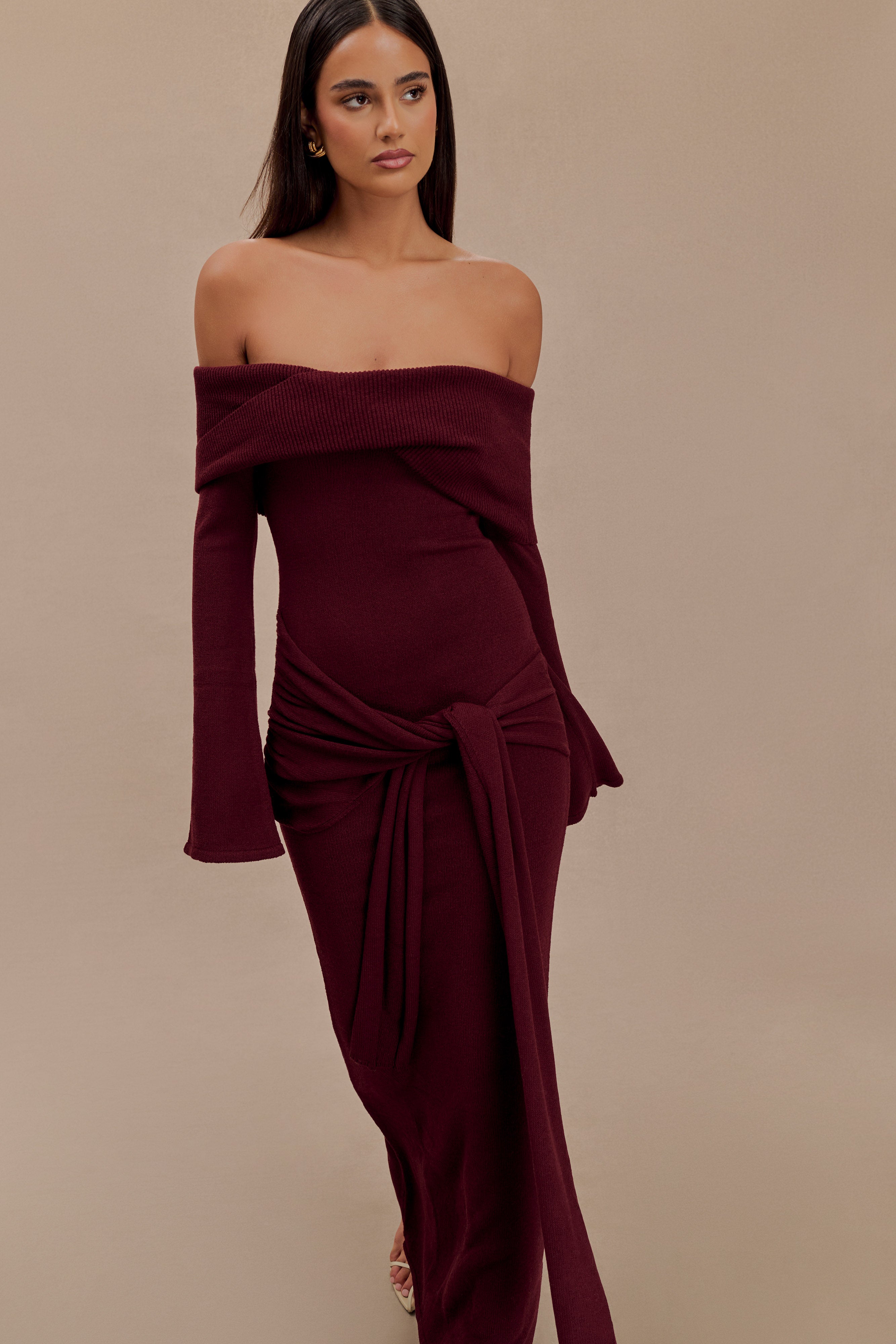 Cameron Off Shoulder Tie Maxi Dress - Merlot、mySite、solidvoid