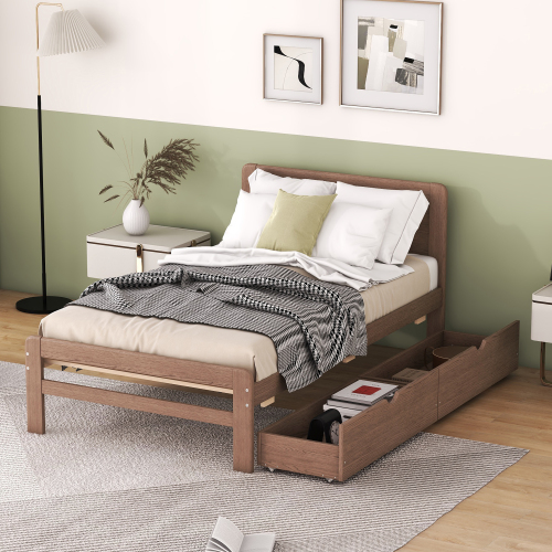 Modern Design Twin Size Platform Bed Frame with 2 Drawers for Walnut Color、、xpatfood