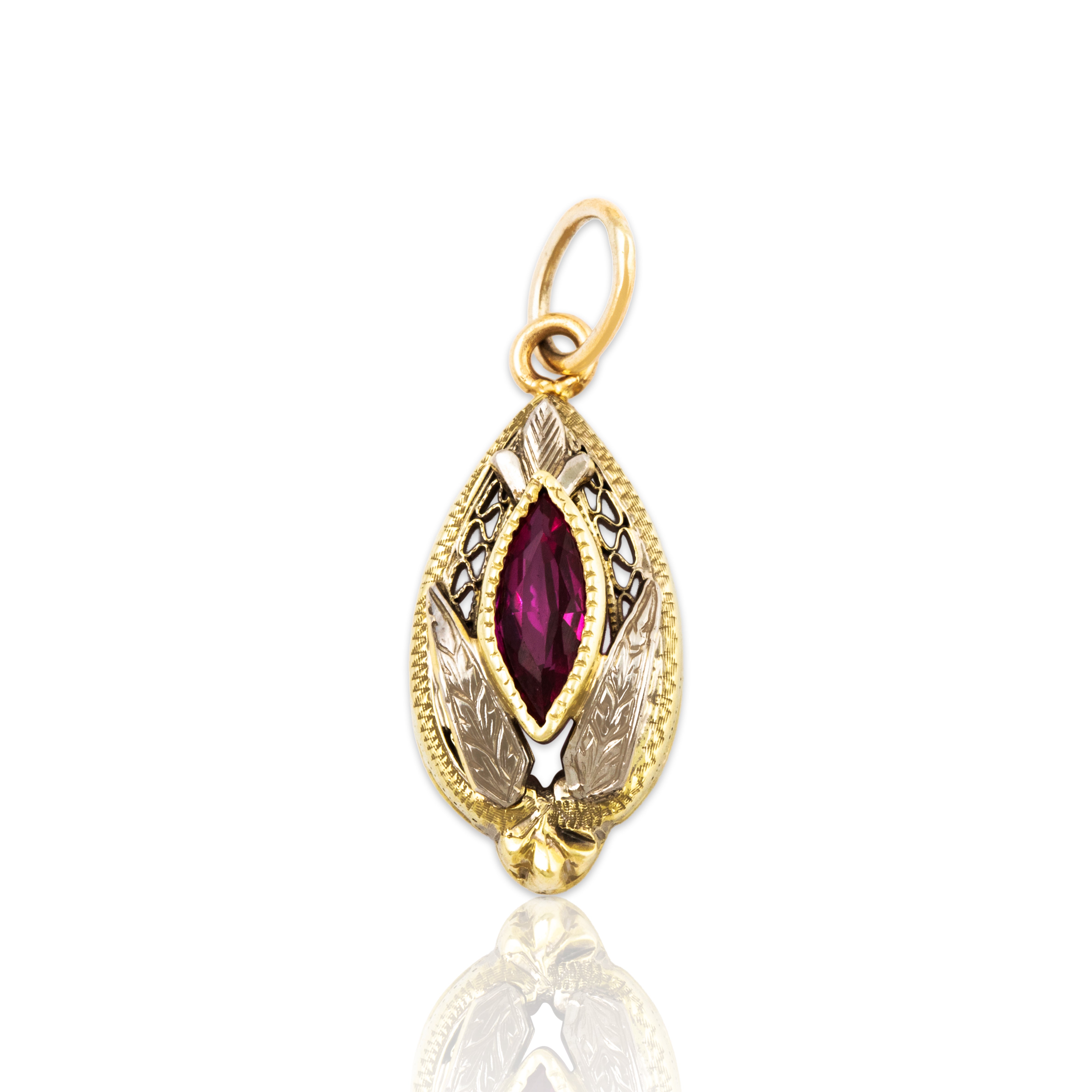 Antique 14k Yellow & White Gold Synthetic Ruby Openwork Charm / Pendant、mySite、hinf8tx79