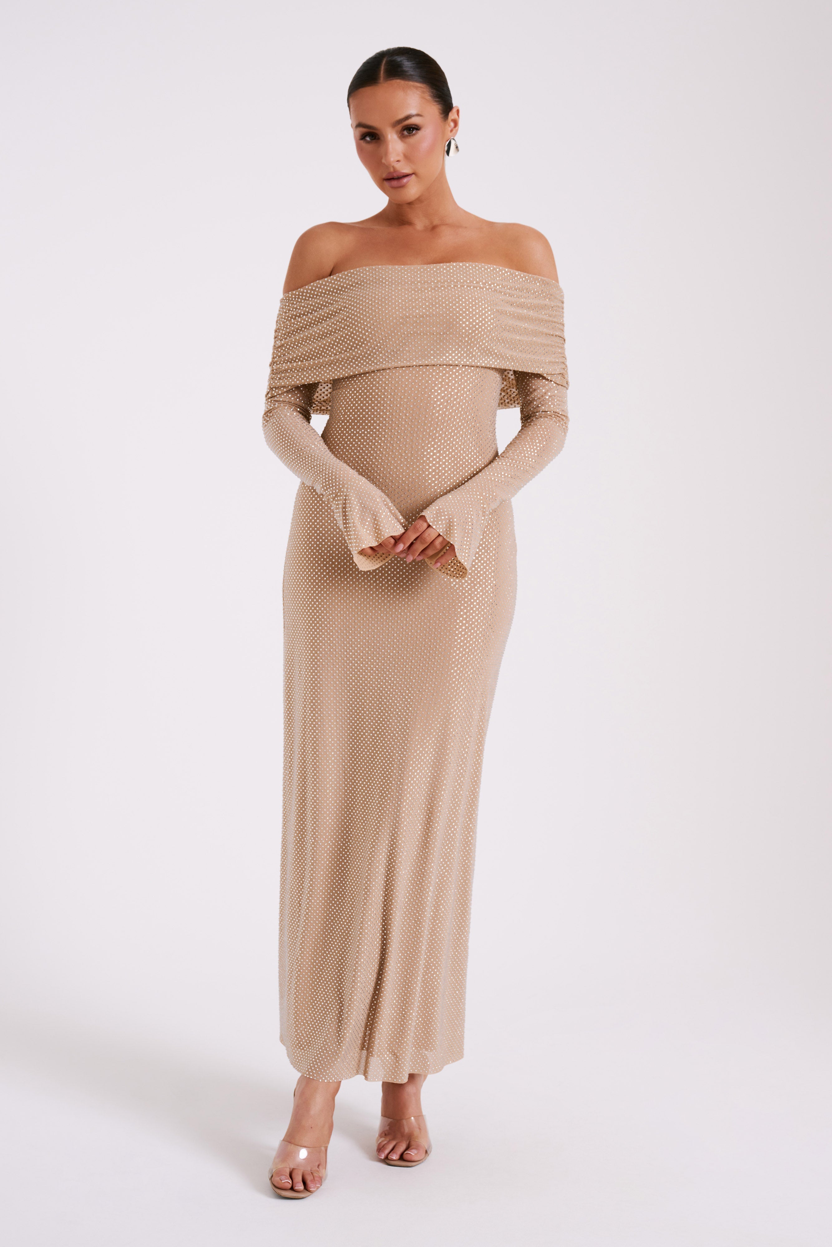 Marcel Off Shoulder Diamante Maxi Dress - Nude、mySite、solidvoid
