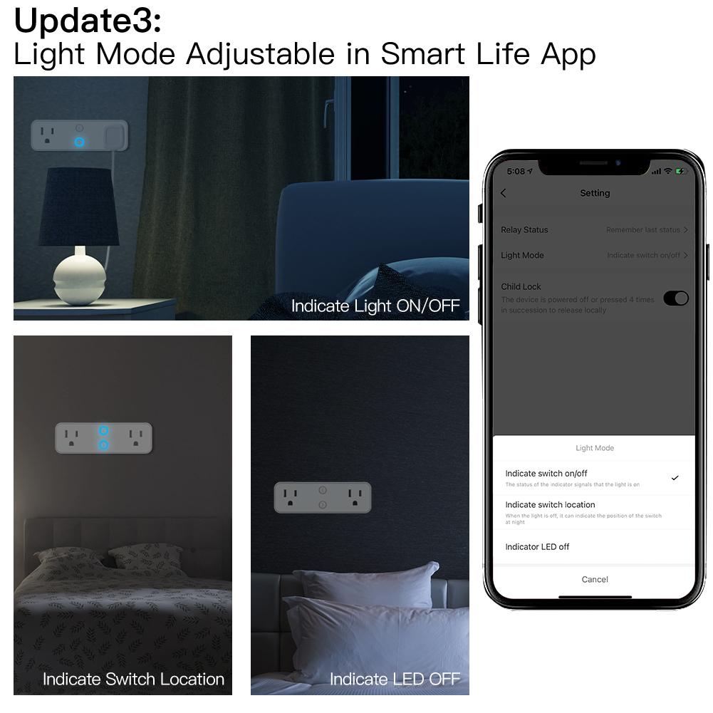 Wi-Fi Smart Outlet Extender Multi Plug Socket Outlet Shelf with Nightlight Relay Status and Light Mode Adjustable US、mySite、fannypackpong