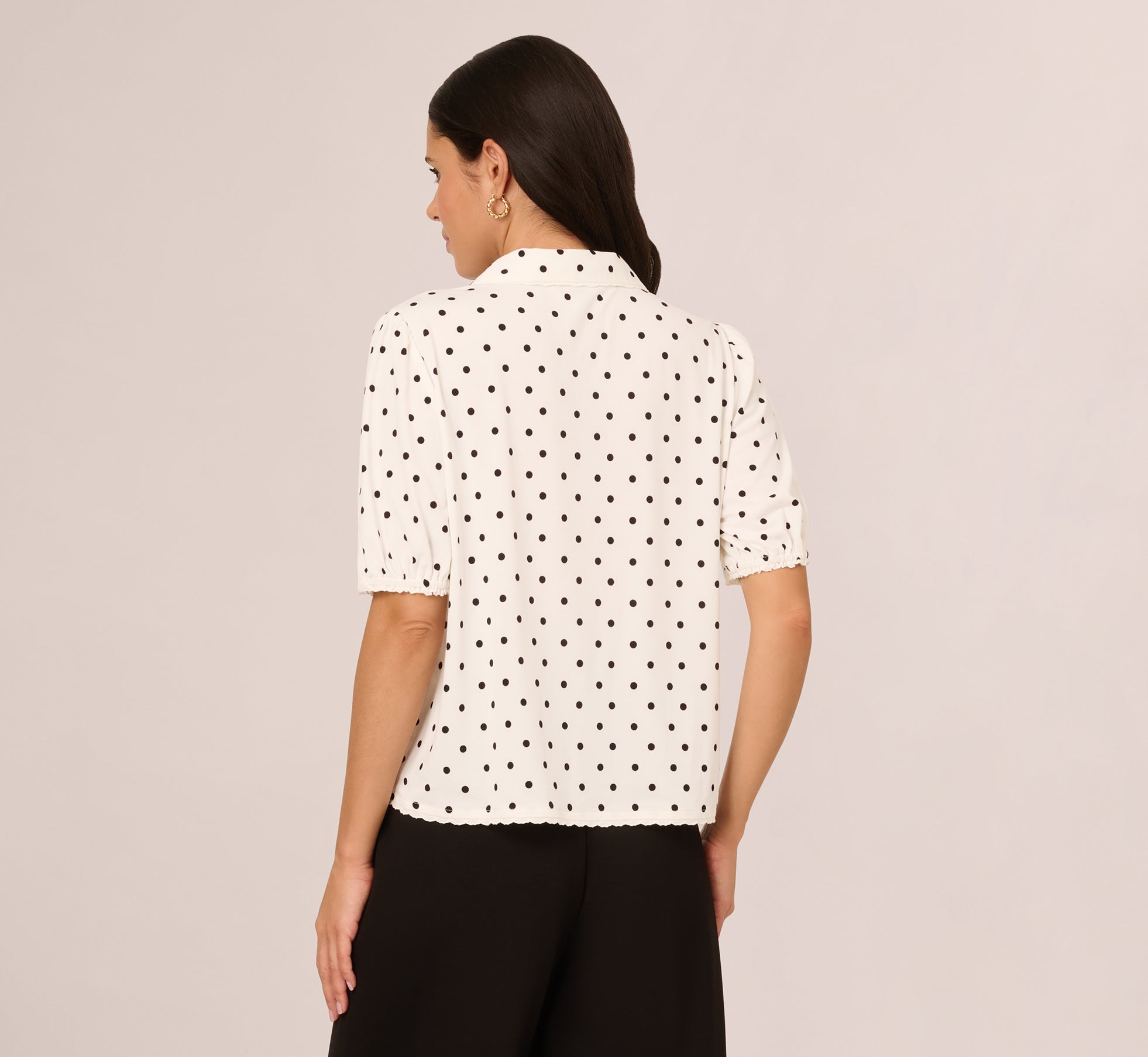 Short Sleeve Printed Button Front Blouse In Ivory Black Timeless Dot、mySite、solidvoid