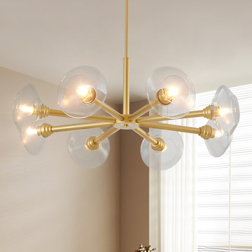 26" Modern Gold 5-Light Sputnik Chandelier with Clear Glass Shades, Mid-Century Hanging Pendant Light Fixture for Dining Room, Living Room, or Kitchen (Bulb Not Included)、、eastwooduniform