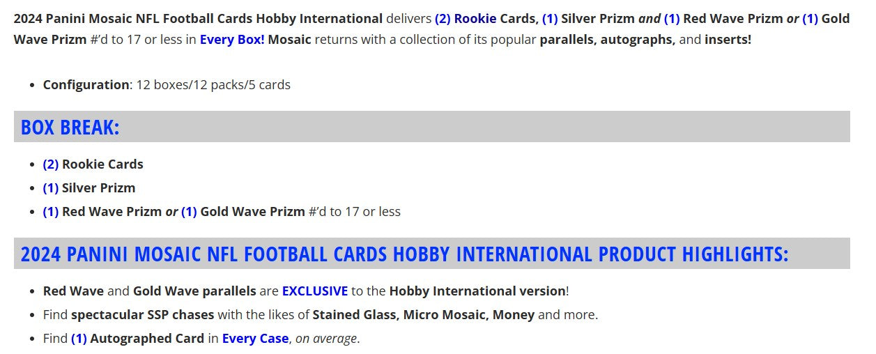 Panini Mosaic NFL Football 2024 - International Hobby Box、mySite、waistdrama