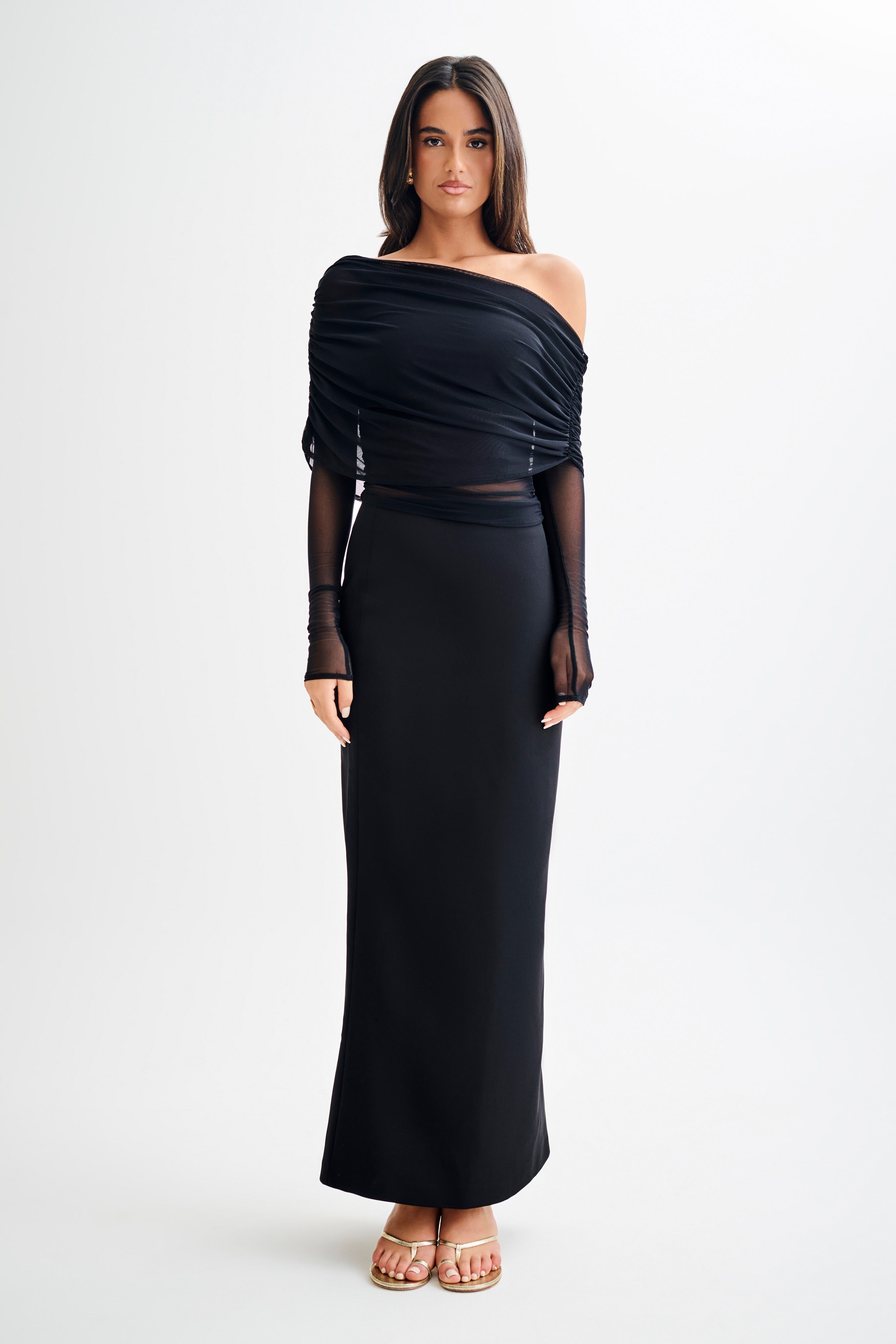 Everly Sheer Mesh Off Shoulder Top - Black、mySite、solidvoid