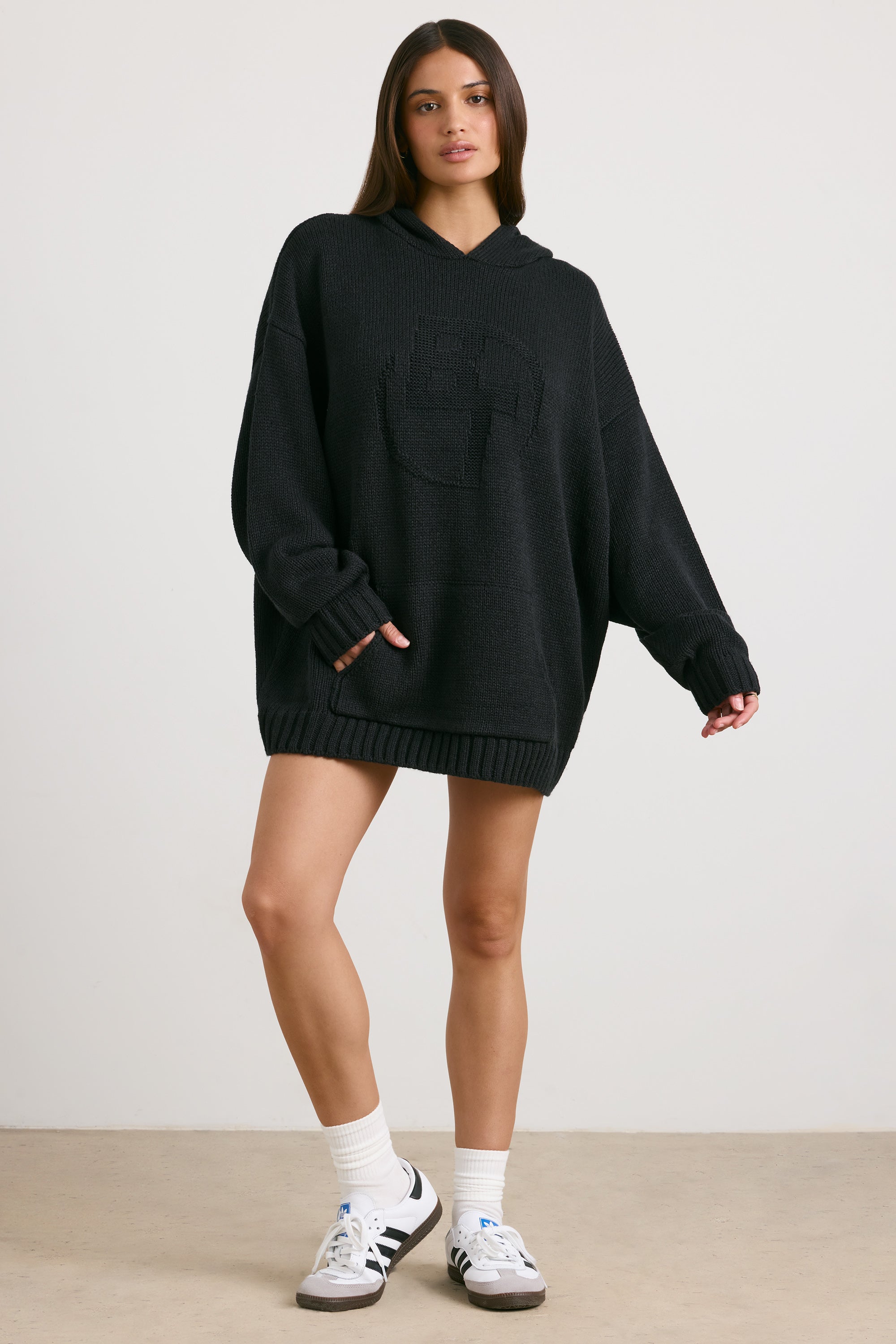 Oversized Chunky Knit Hoodie in Black、mySite、solidvoid
