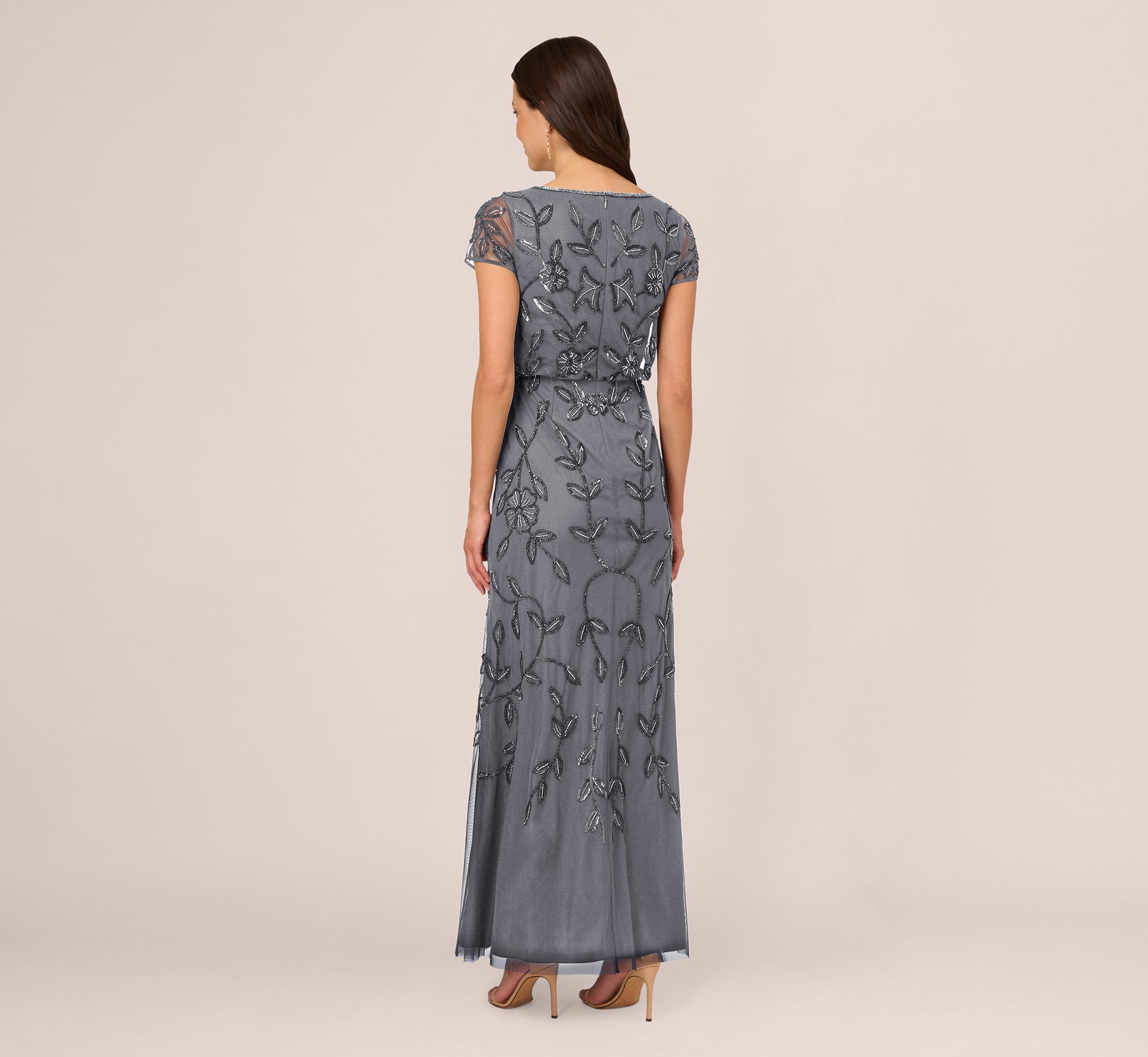 Jasmine Beaded Blouson Gown With Sheer Short Sleeves In Dusty Blue、mySite、solidvoid