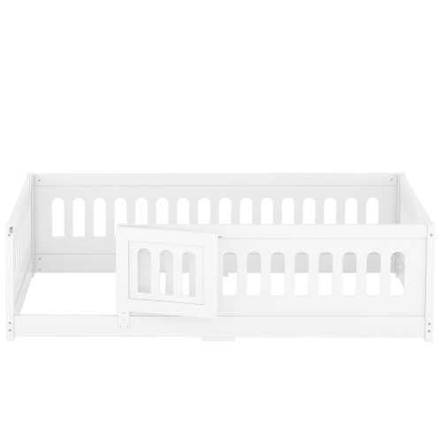 Twin Size Floor Bed with Heightened Safety Guardrails and Door, Solid Wood Bedframe with Rails for Girls, Boys, Teens, Child Bedroom, Kids Playroom, No Slats Included, White、、casual