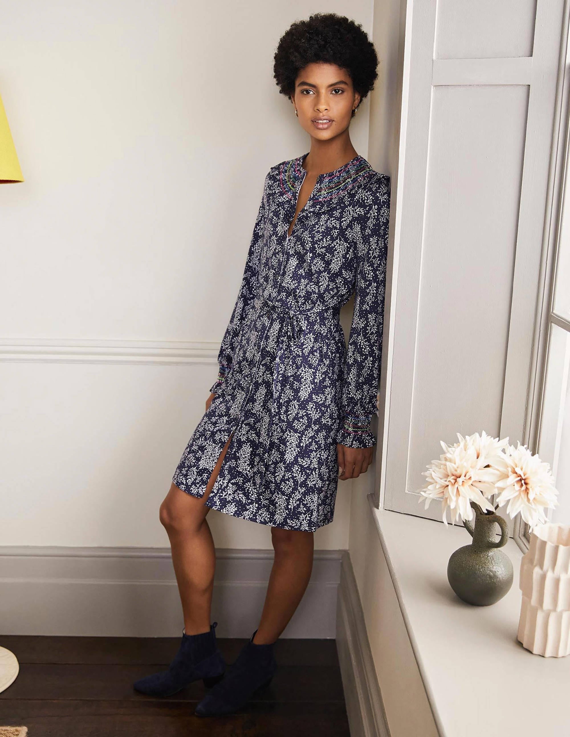  Smocked Detail Jersey Dress-French Navy, Leafy Sprig、mySite、ashleygrahame