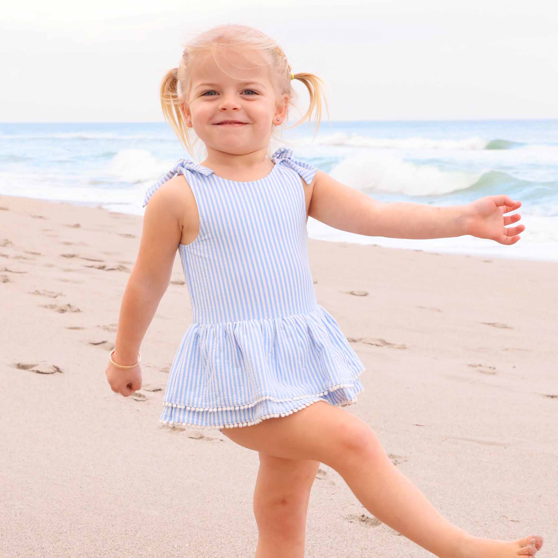  Tiered Skirt with White Pom Trim | Seersucker Blue、mySite、layawaytickets