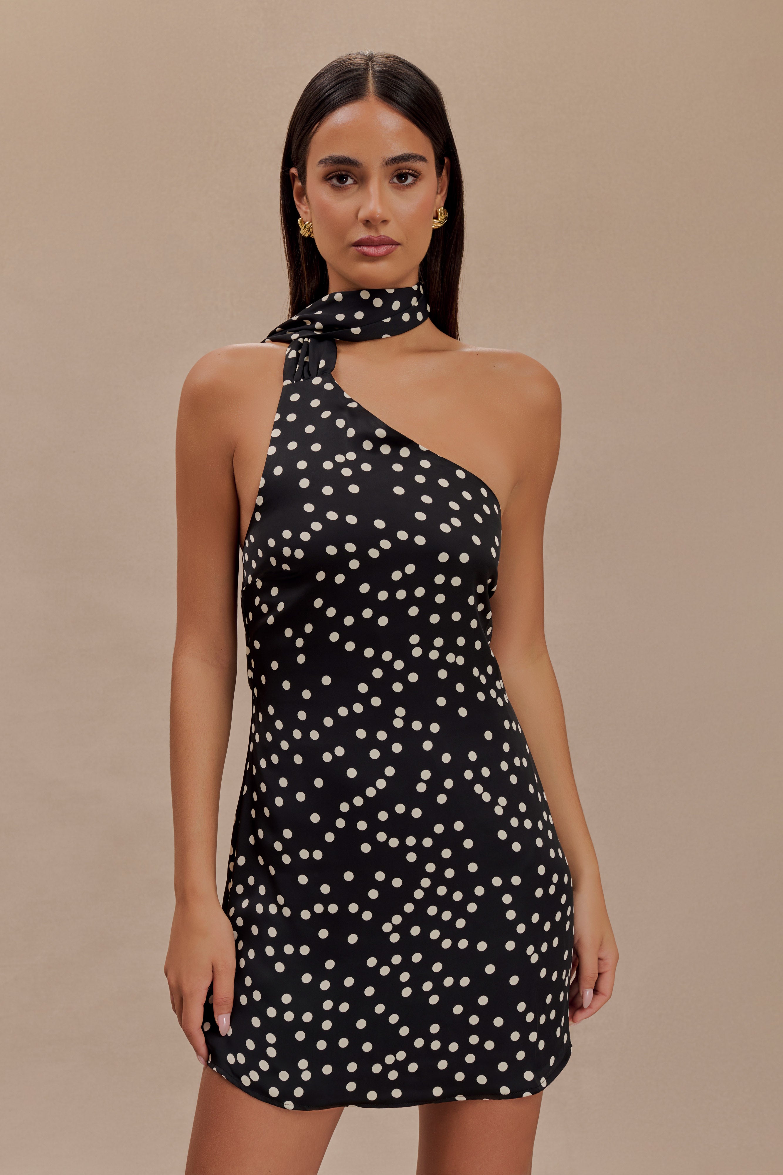 Joan Satin Asymmetrical Mini Dress - Black Polka Dot Print、mySite、solidvoid