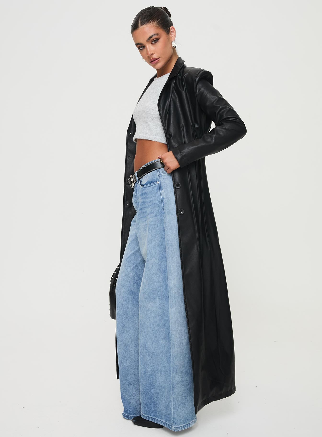 Speak Easy Long Line Faux Leather Coat Black、mySite、solidvoid