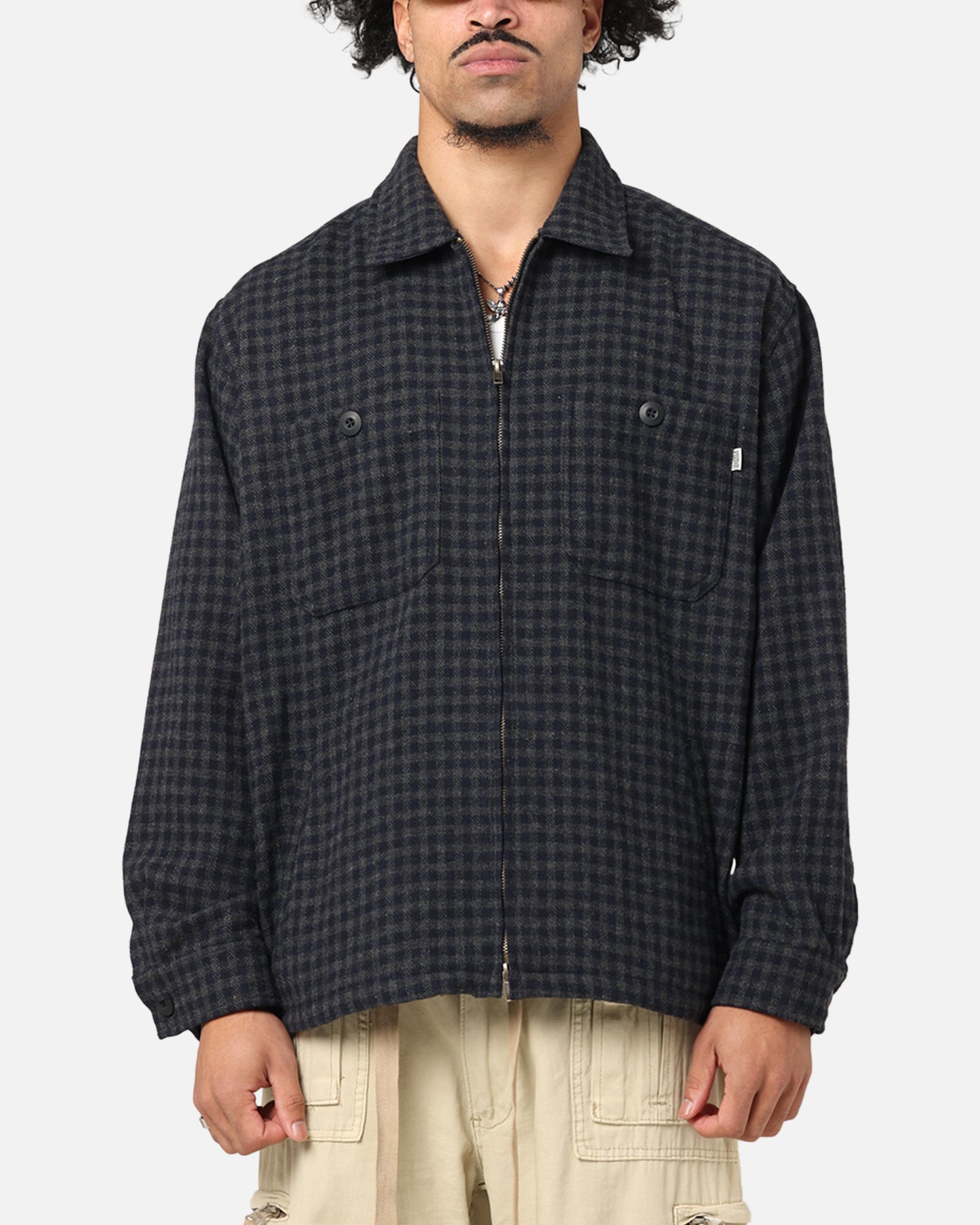 S Double Plaid Zip Through Long Sleeve Shirt Brown、mySite、zt4zffjzw