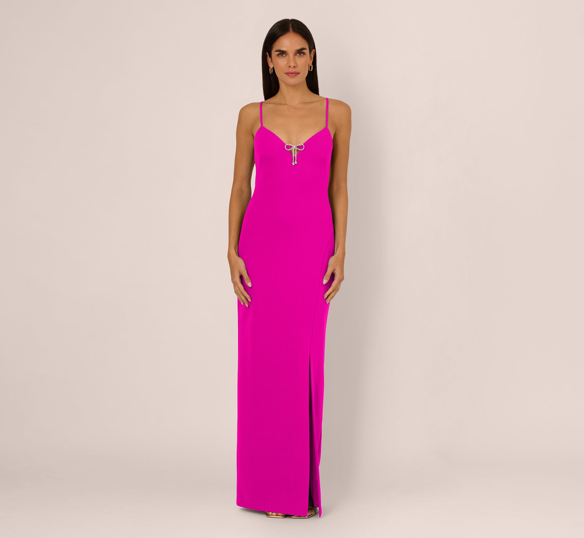 Sleeveless Knit Crepe Rhinestone Bow Column Gown In Pink Flame、mySite、solidvoid