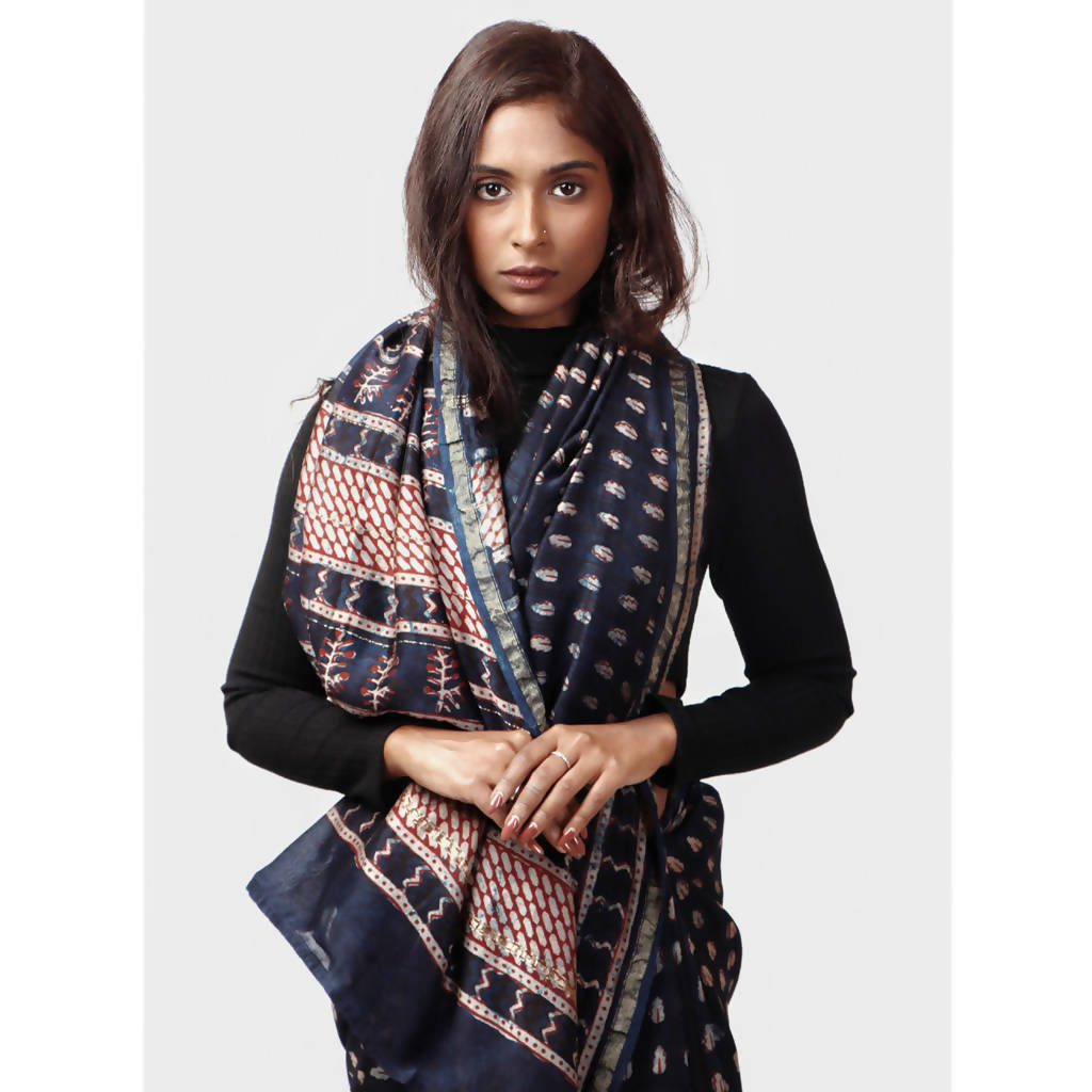 Natural Dyed Dark Blue Dabu Printed Chanderi Saree、mySite、camillekostekn