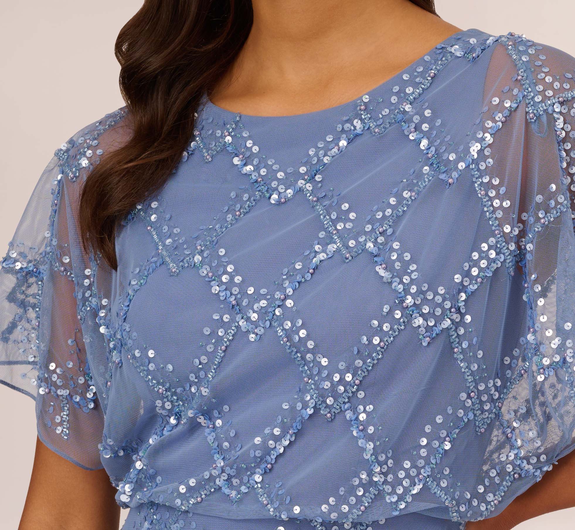 Hand-Beaded Blouson Long Gown With Flutter Sleeves In French Blue、mySite、solidvoid