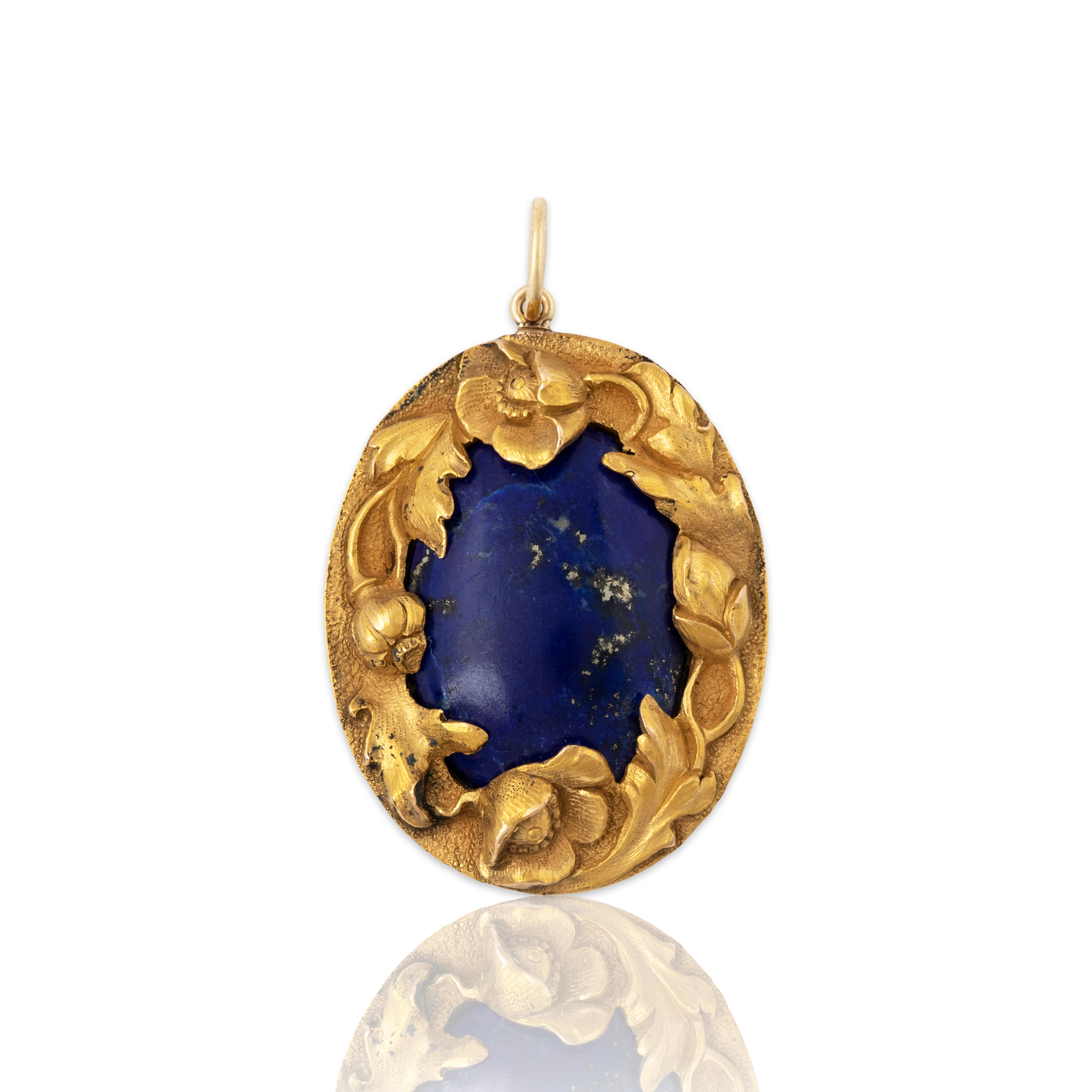 Antique Large 14k Yellow Gold 8.67ct Lapis Lazuli Hand Decorated Floral Pendant、mySite、hinf8tx79
