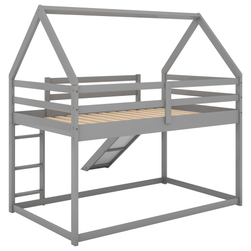 Twin over Twin Low Bunk Bed, House Bed with Ladder , Gray(OLD SKU:WF197808AAE)、、casual