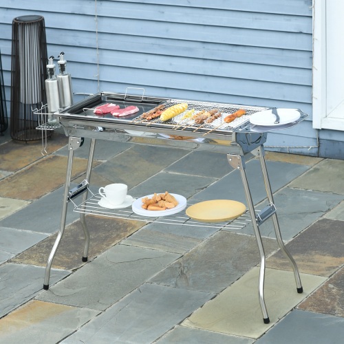Outsunny Charcoal Grill, Stainless Steel Portable Folding BBQ, Outdoor Hibachi for Backyard Cooking, Camping, Picnic, Party, Tailgating and Travel with Pan, Grill Rack, Shelves, and Hooks、、eastwooduniform
