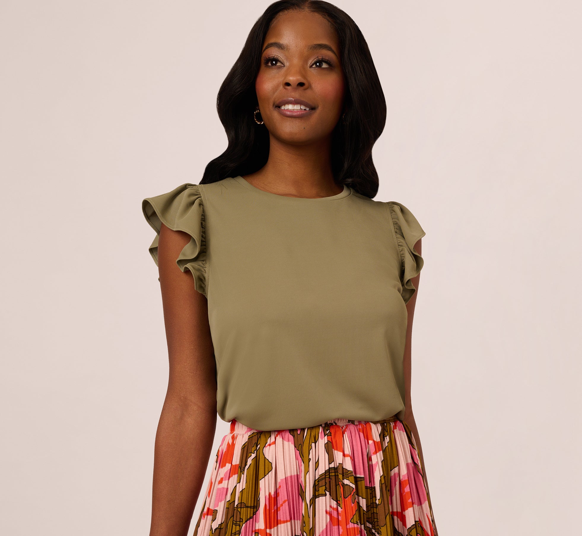 Flutter Sleeve Rib Knit Top In Army Green、mySite、solidvoid