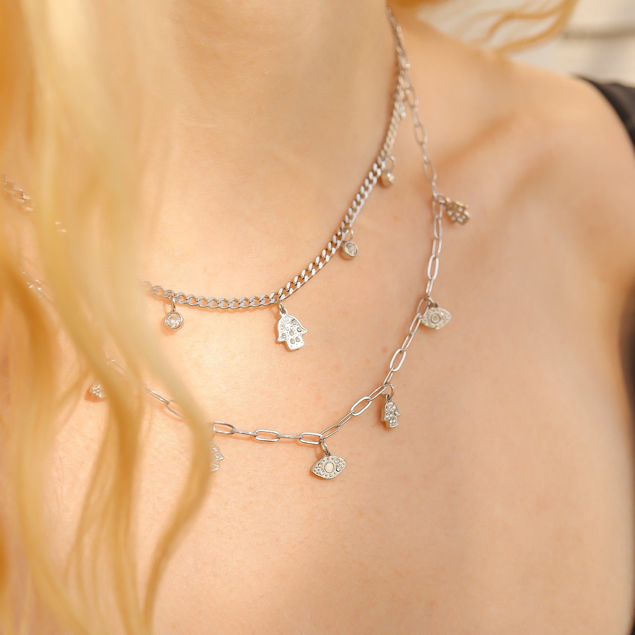 18K Gold PVD Hamsa & Evil Eye Convertible Charm Necklace / CHN0068、mySite、dreamappss