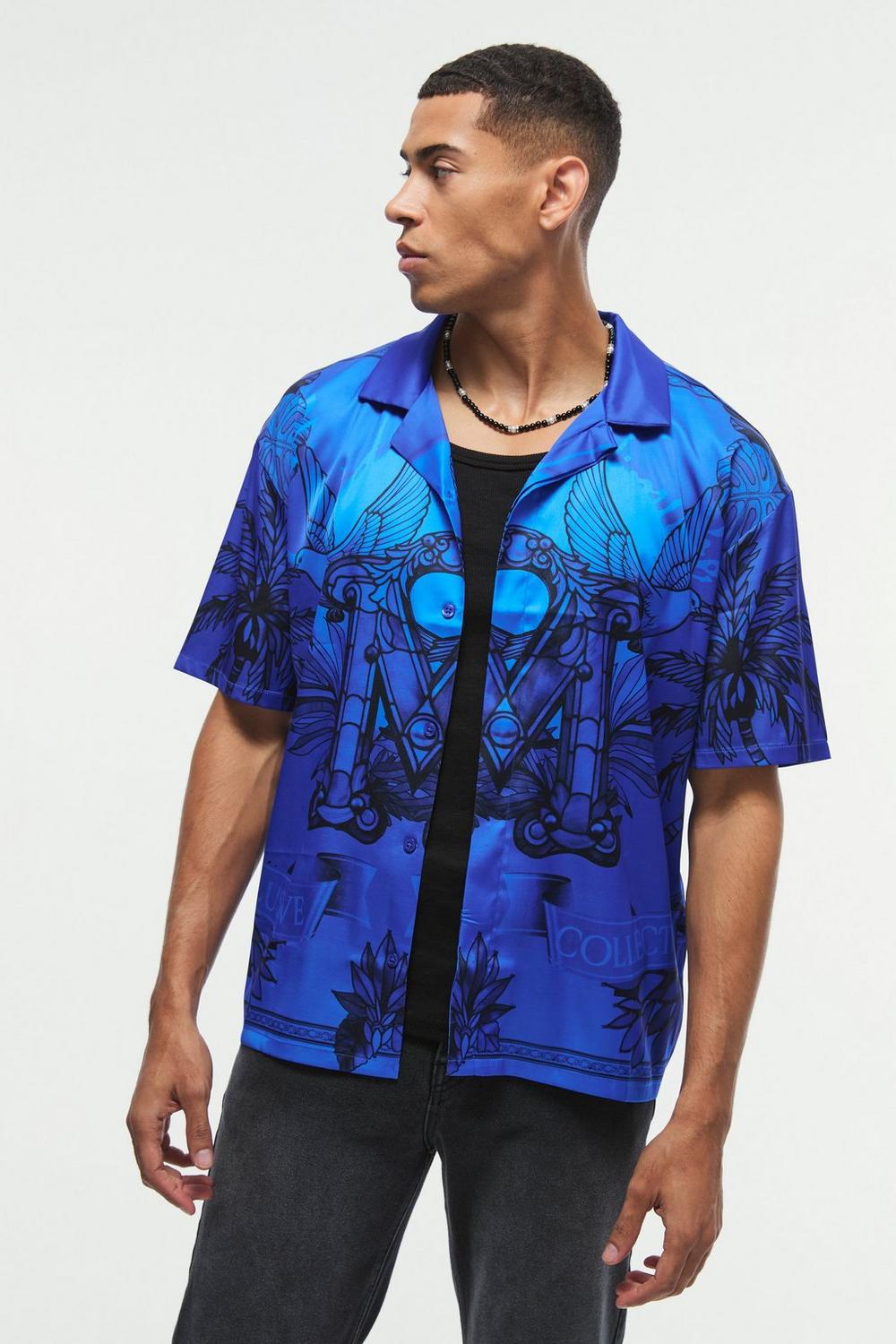  Boohooman Oversized Satin Exclusive Collection revere shirt Blue、mySite、justintrudeaud
