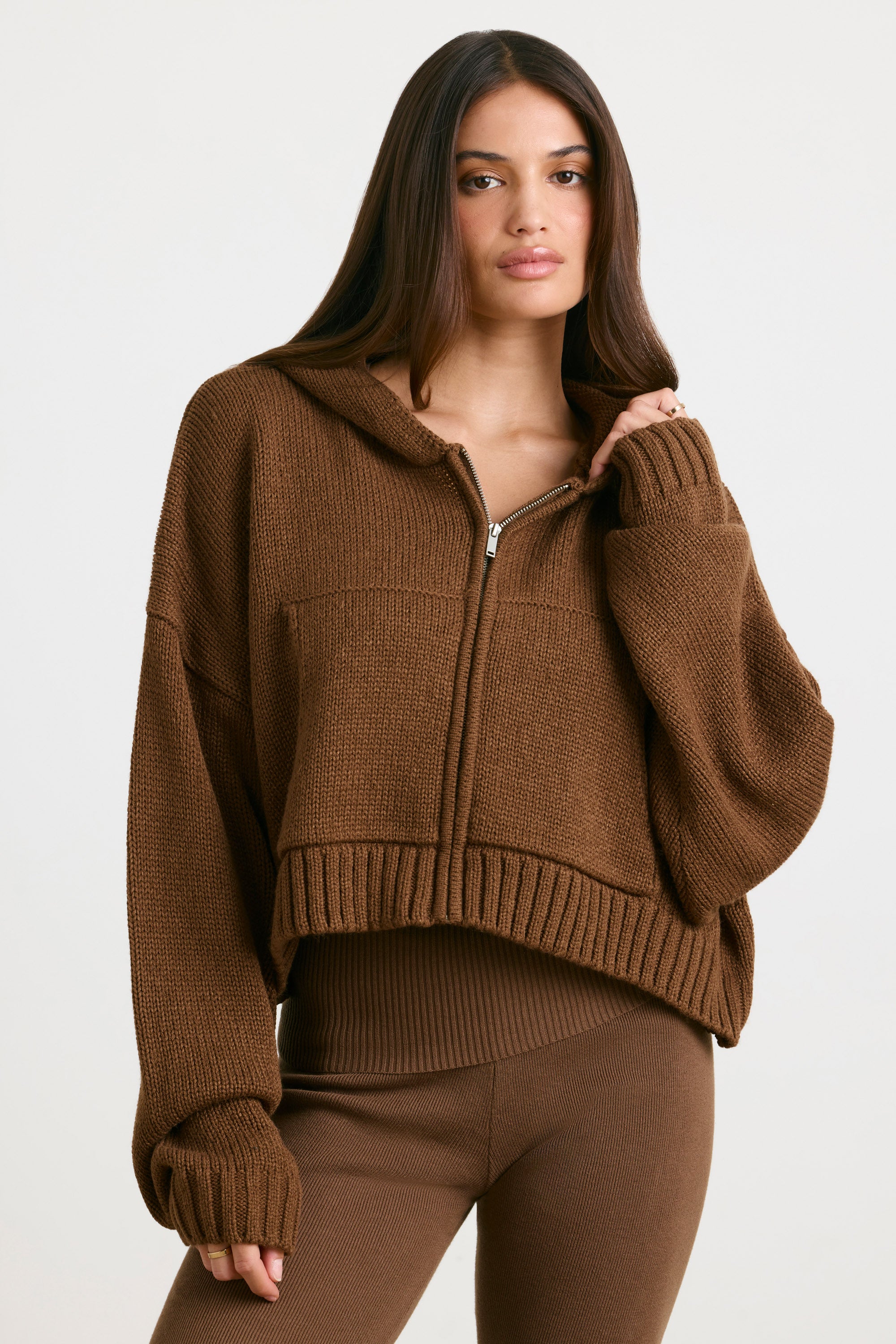 Cropped Zip Up Chunky Knit Hoodie in Espresso、mySite、solidvoid