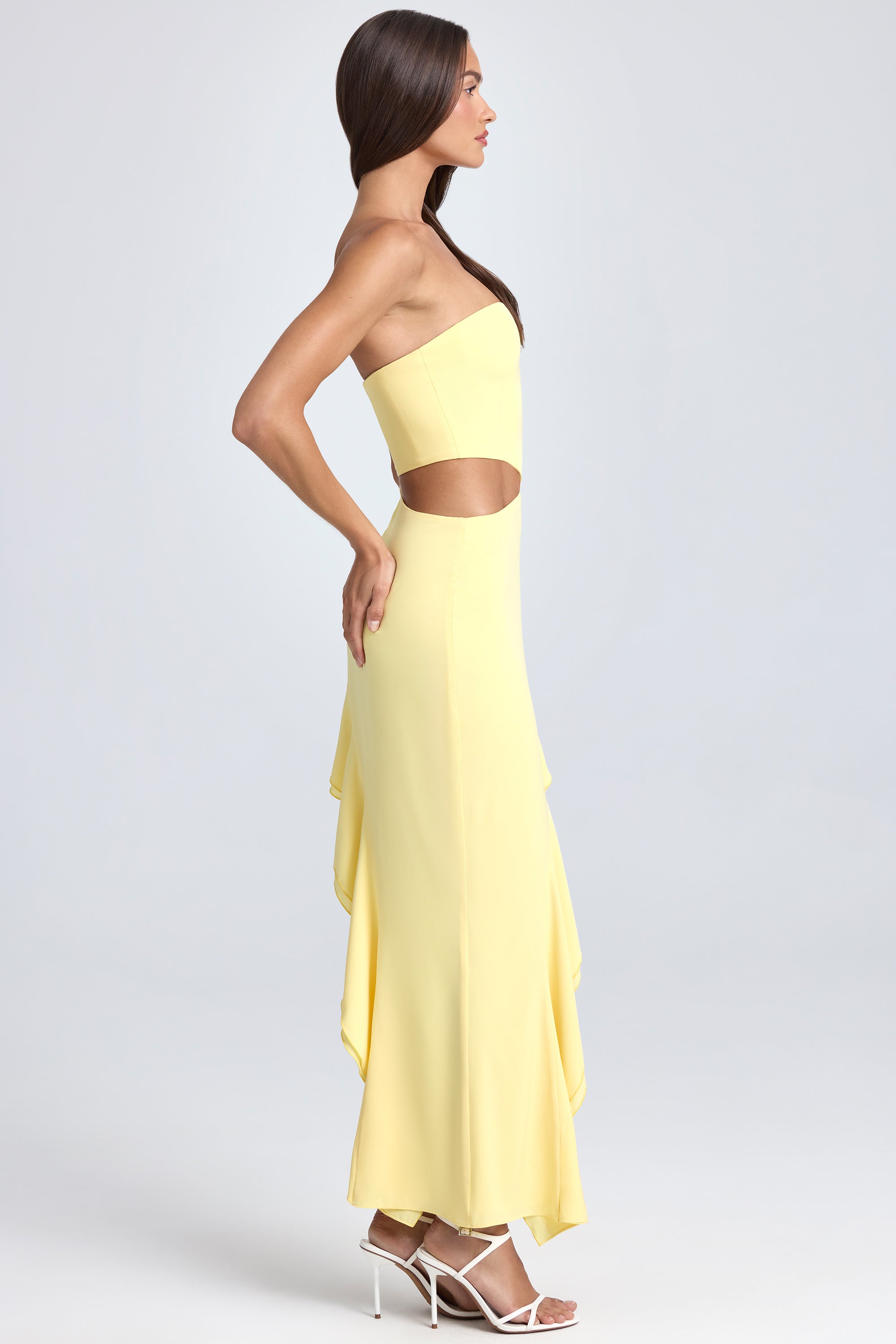 Bandeau Cut-Out Ruffle-Trim Maxi Dress in Lemon Sherbet、mySite、solidvoid