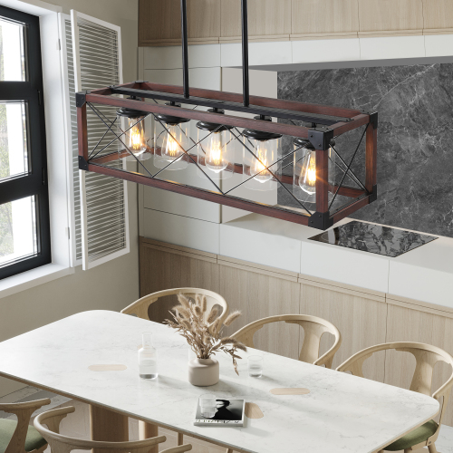 (Same as W1340P155968/L1011-RW) 32" Red Wood Industrial Farmhouse Rectangle Pendant Light, 5-Light Chandelier for Dining Room, Kitchen Island, Cafe Decor (No Bulbs)、、eastwooduniform