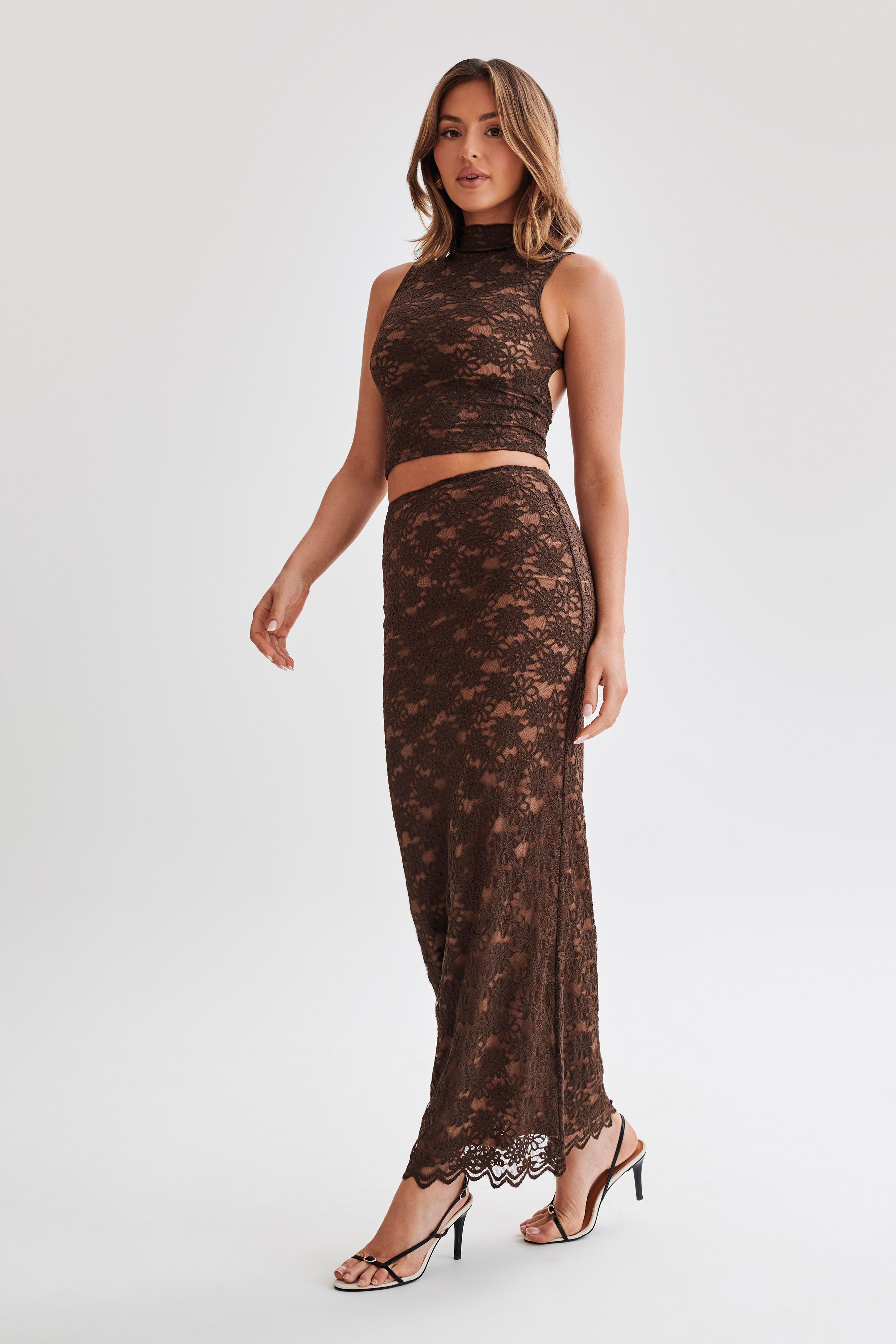 Elska Lace High Neck Top - Chocolate、mySite、solidvoid