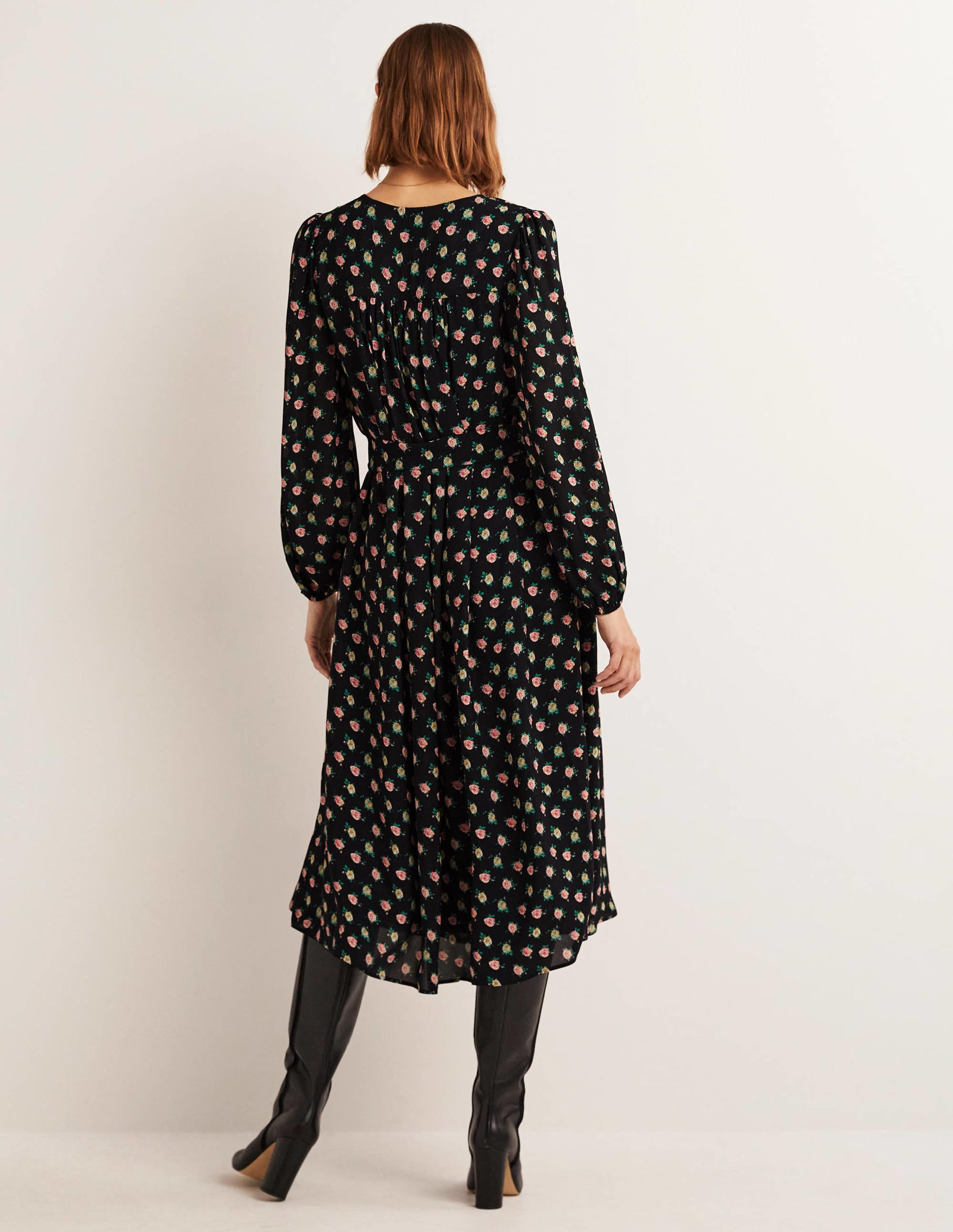 Gathered Yoke Midi Dress-Black, Painterly Rose、mySite、ashleygrahame