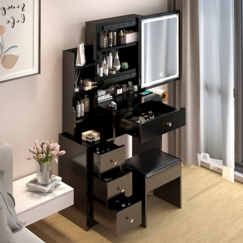 29.2" Small Size Left Bedside Cabinet Vanity Table + Cushioned Stool, Large Sliding, Touch Control, Tri-color Switching, Brightness Adjust LED Mirror, High Capacity Storage, Suitable for Small Space、、xpatfood