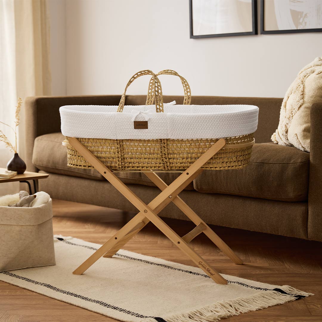  The Little Green Sheep Wheat Knit Moses Basket and Foldable Stand Bundle - White / Natural、mySite、merchandisen