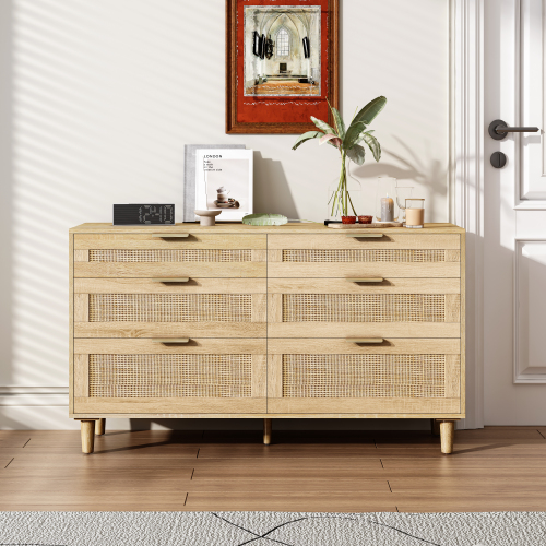 51.18"6-Drawers Rattan Storage Cabinet Rattan Drawer,for Bedroom,Living Room,Natural (Same SKU:W757P198980)、、casual