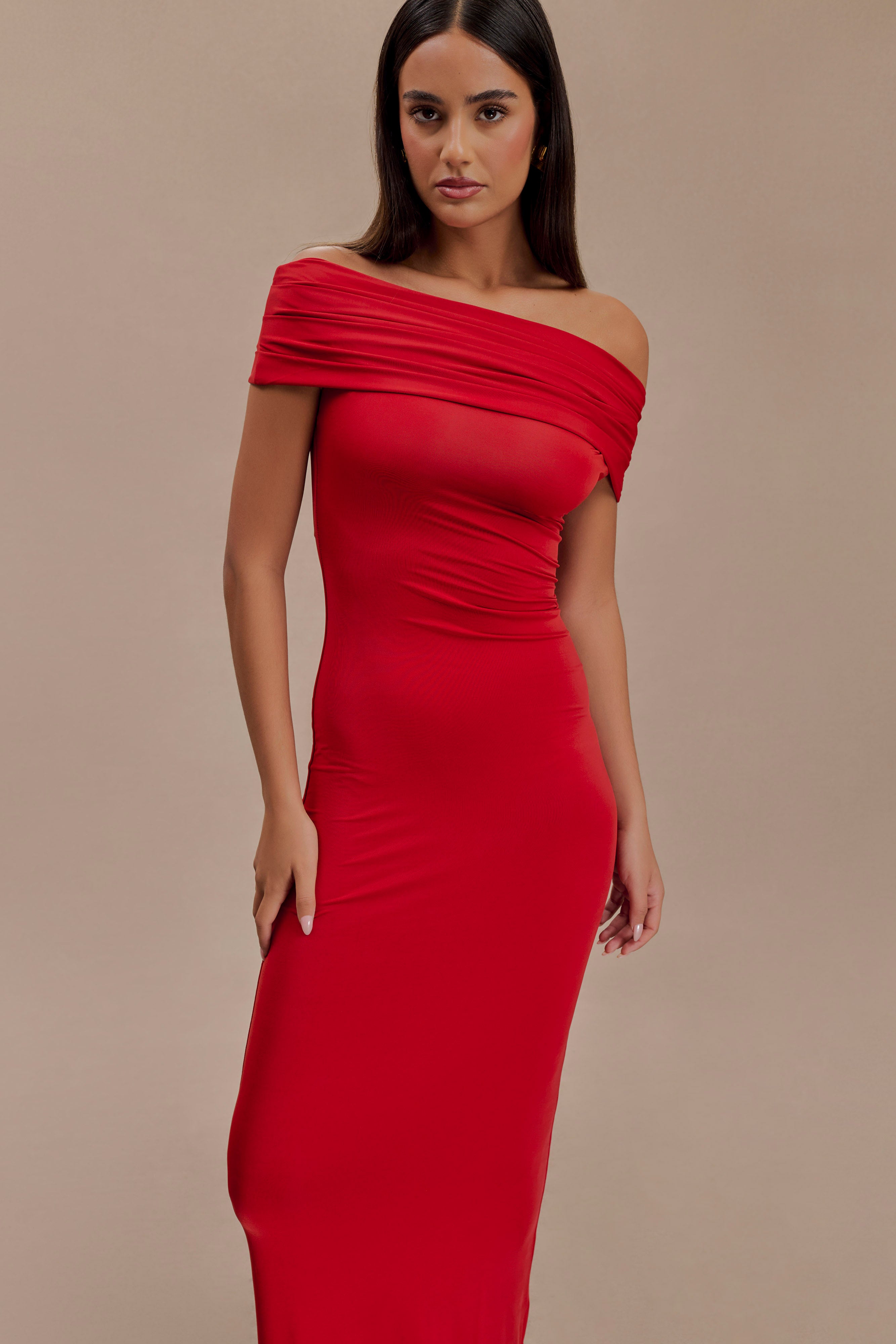 Cassandra Off Shoulder Slinky Maxi Dress - Red、mySite、solidvoid