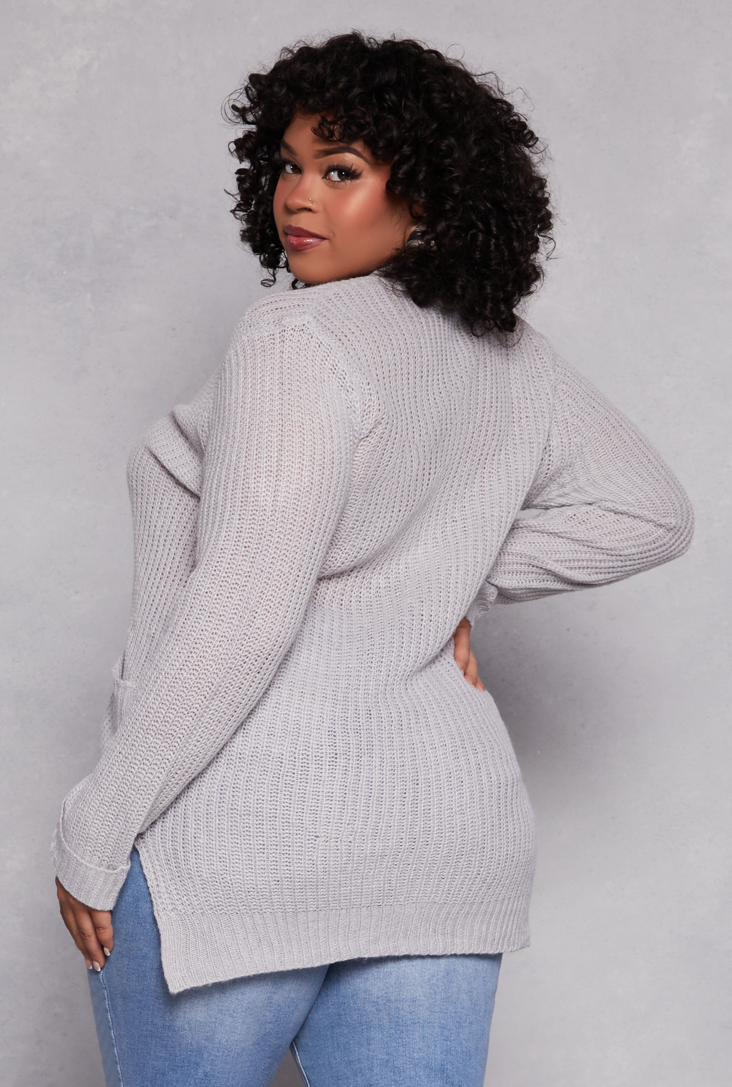 Plus Size Button Front Knit Cardigan、mySite、camillekostekn