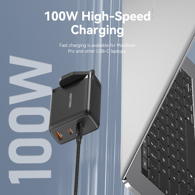 Vention 3-Port USB (C+C+A) GaN Charger (100W/65W/30W) UK-Plug、mySite、fannypackpong