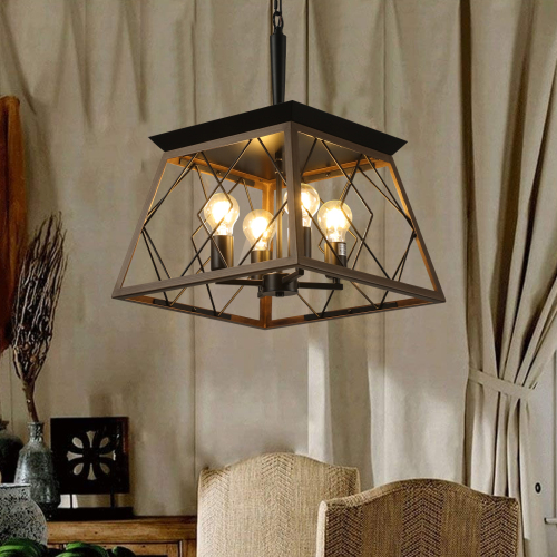 (Same as W1340111203/L1009) 16" Black Industrial 4-Light Pendant Chandelier, Modern Metal Cage Design, Adjustable Hanging Light for Dining Room, Kitchen, Living Room (No Bulbs)、、eastwooduniform