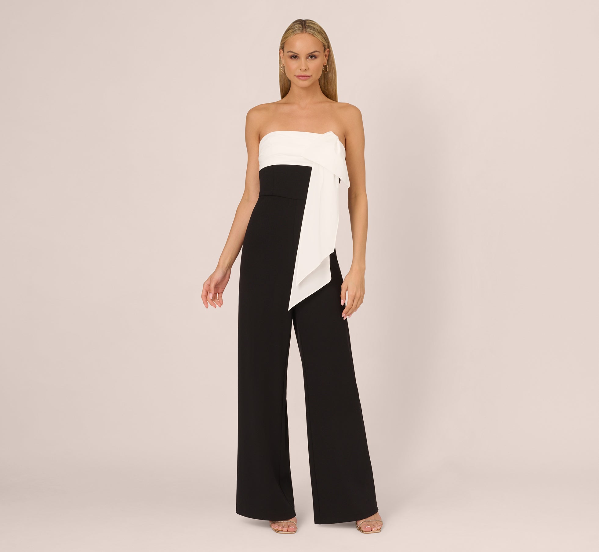 Colorblock Crepe Strapless Jumpsuit With Bow Accent In Black White、mySite、solidvoid
