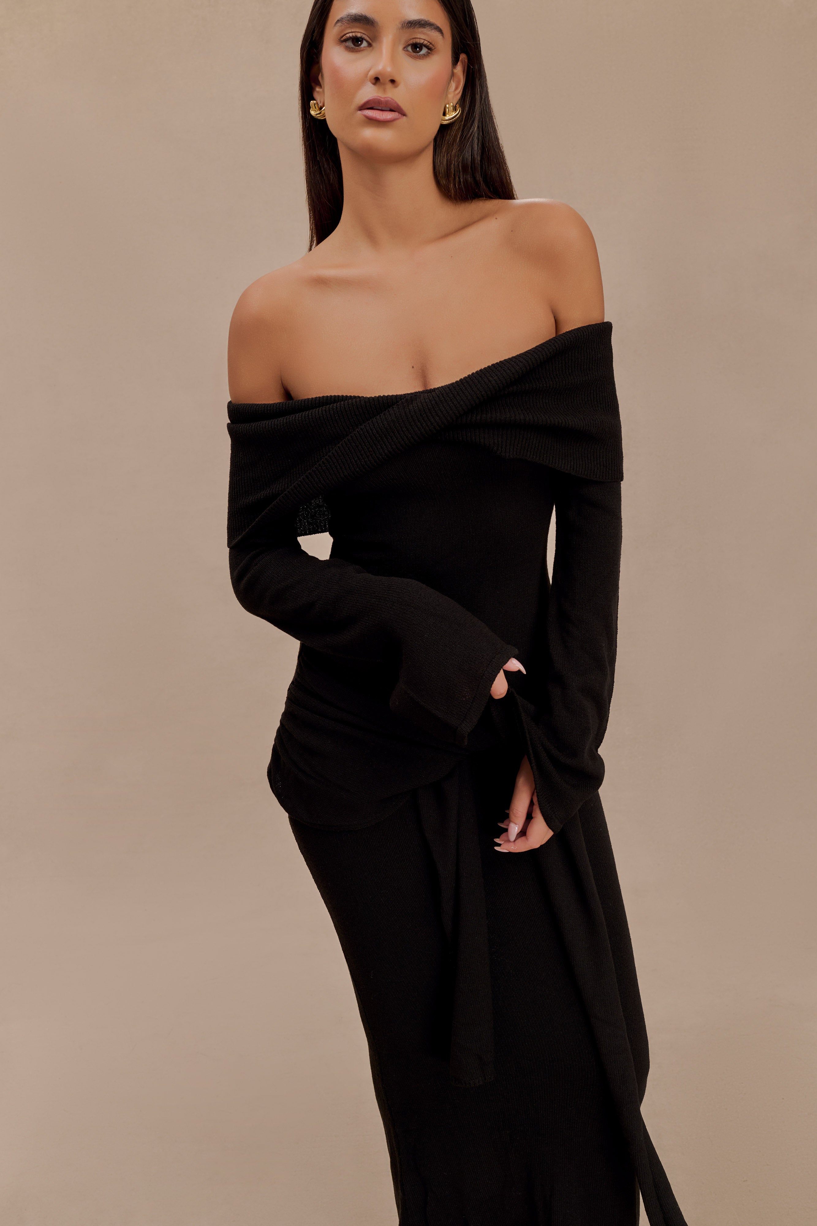 Cameron Off Shoulder Tie Maxi Dress - Black、mySite、solidvoid