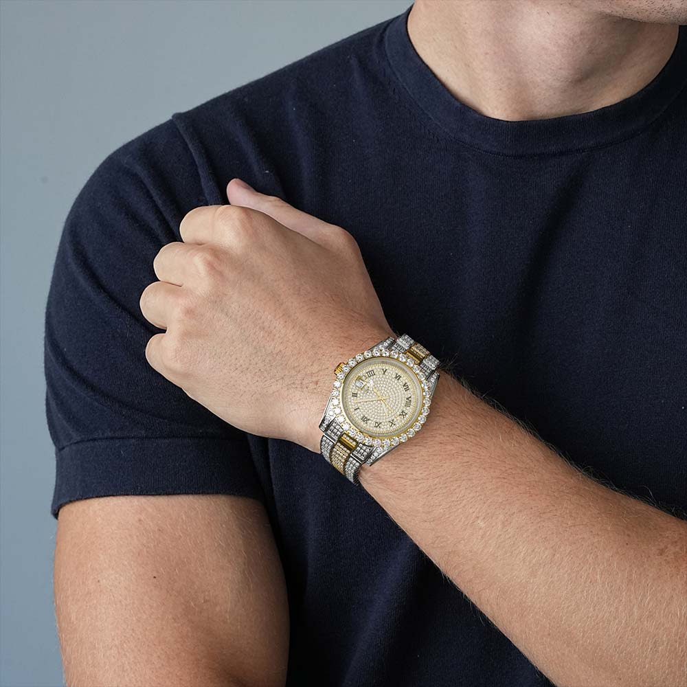 Moissanite Presidential Watch | 41MM | Roman Numeral Dial | 18.3CT Iced Out | 14K White and Yellow Gold Two Tone、mySite、hinf8tx79