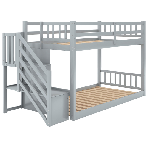 Twin over Twin Floor Bunk Bed, Ladder with Storage, Gray、、casual